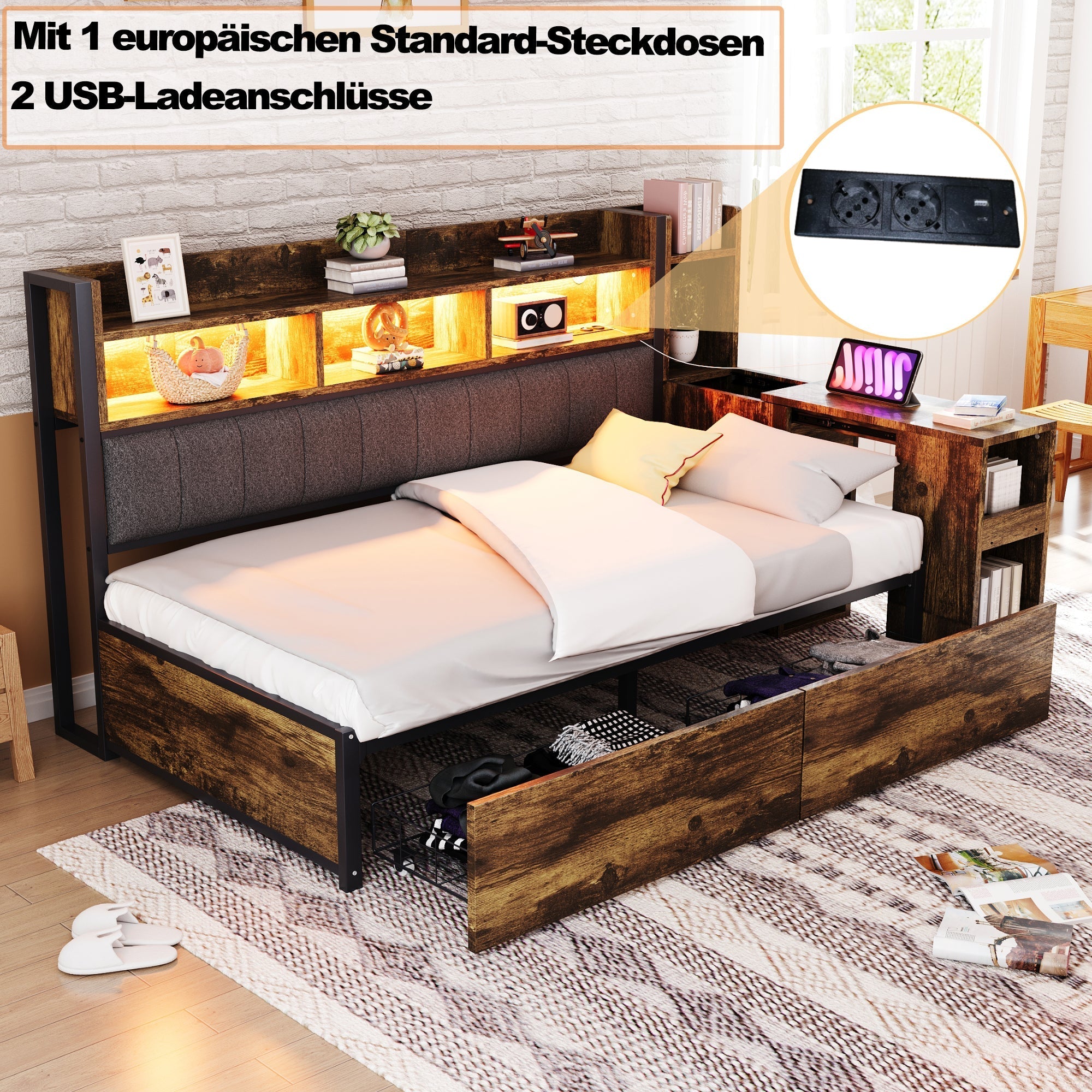 Single Bed with Movable Desk, Storage Drawers and Integrated Outlets, Metal