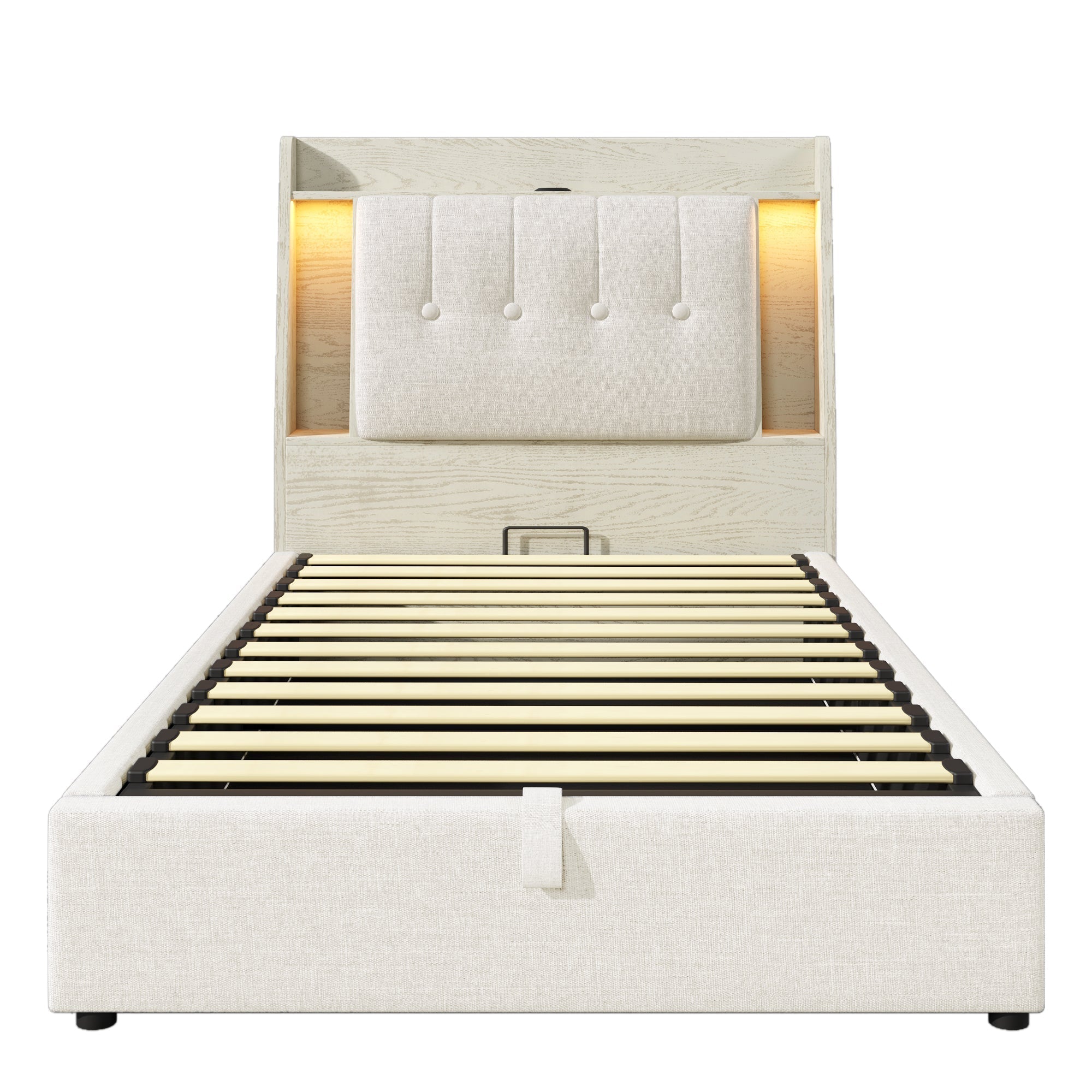 Upholstered Bed 90x200cm Storage LED USB/Type-C App Control - Linen Beige