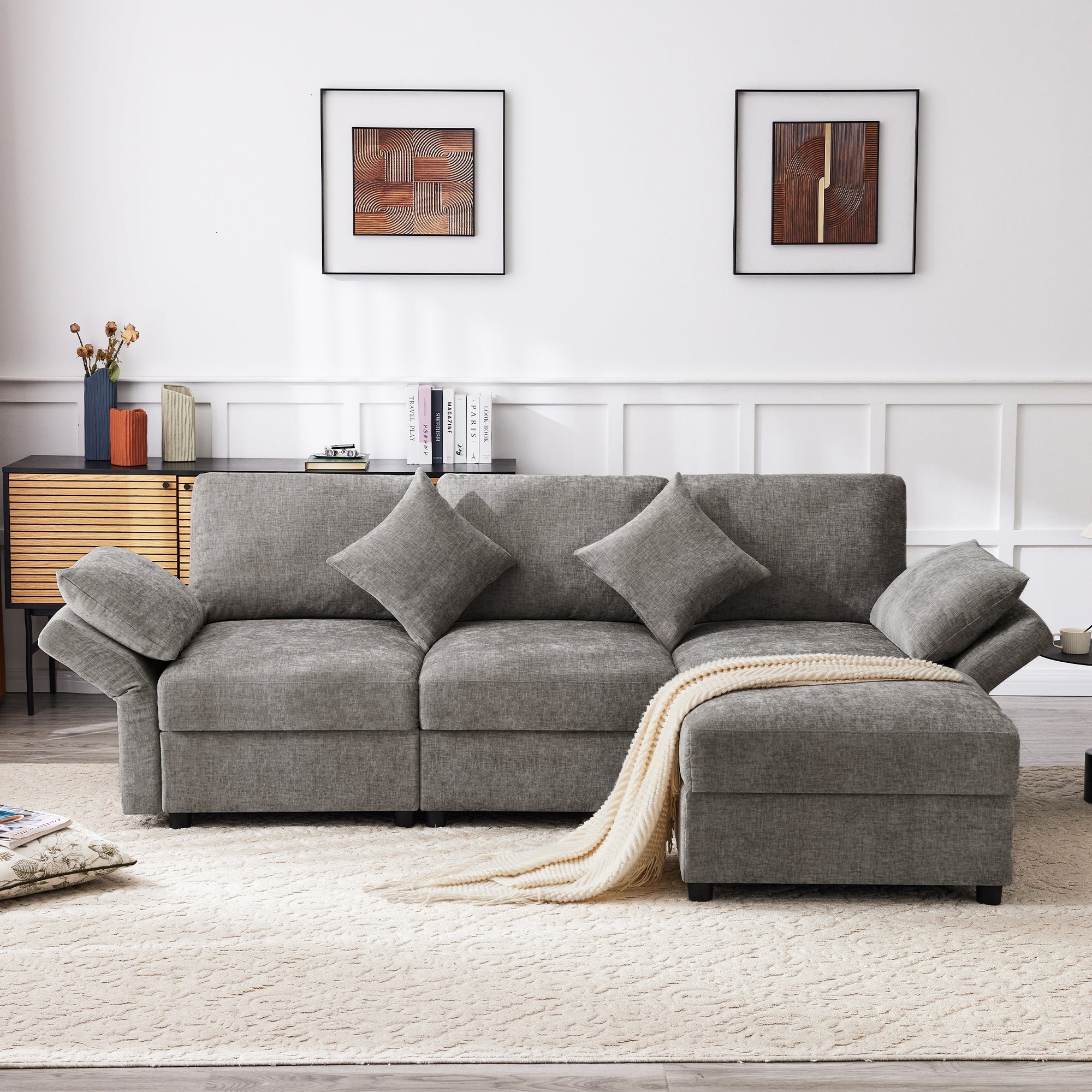 L-shaped Corner Sofa Bed 3-Seater Footstool Adjustable Armrests Chenille Gray