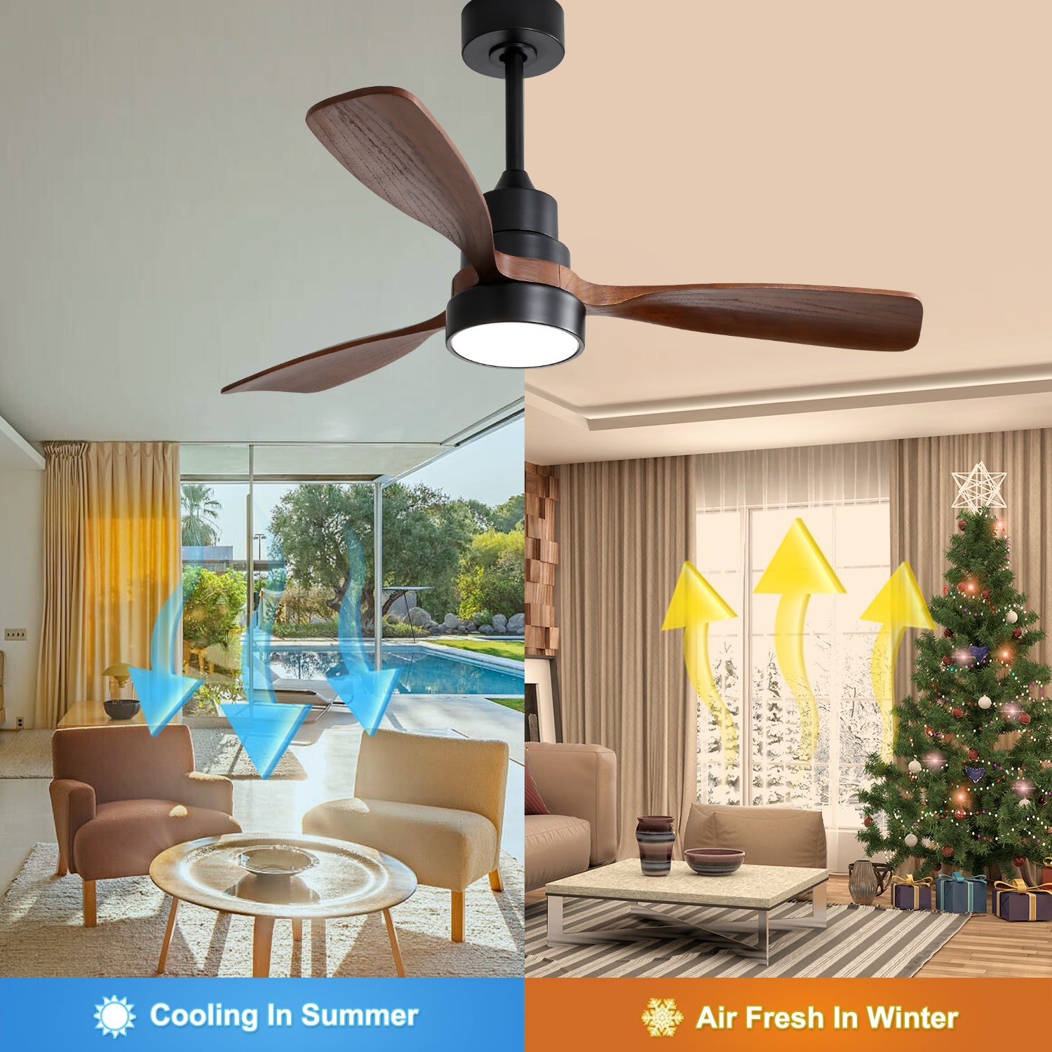 48-inch Ceiling Fan, 3 Blades, Remote Control, Reversible DC Motor, Solid Wood
