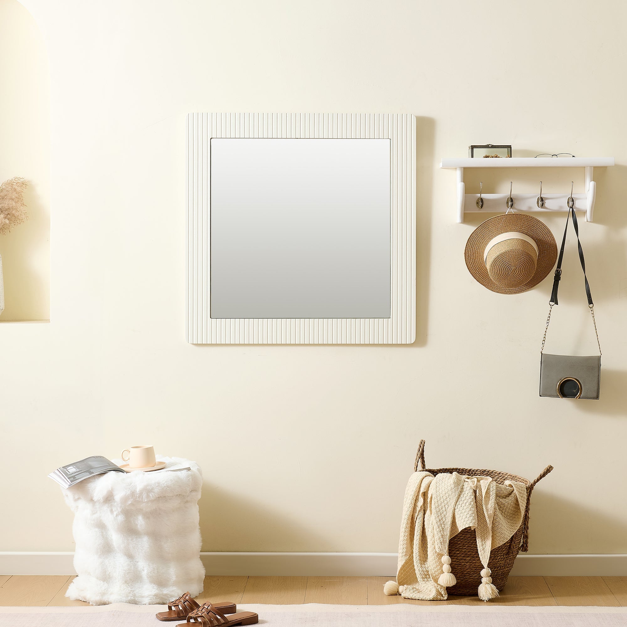 Wall Mirror Square 80x80cm Wood-Look Frame - White