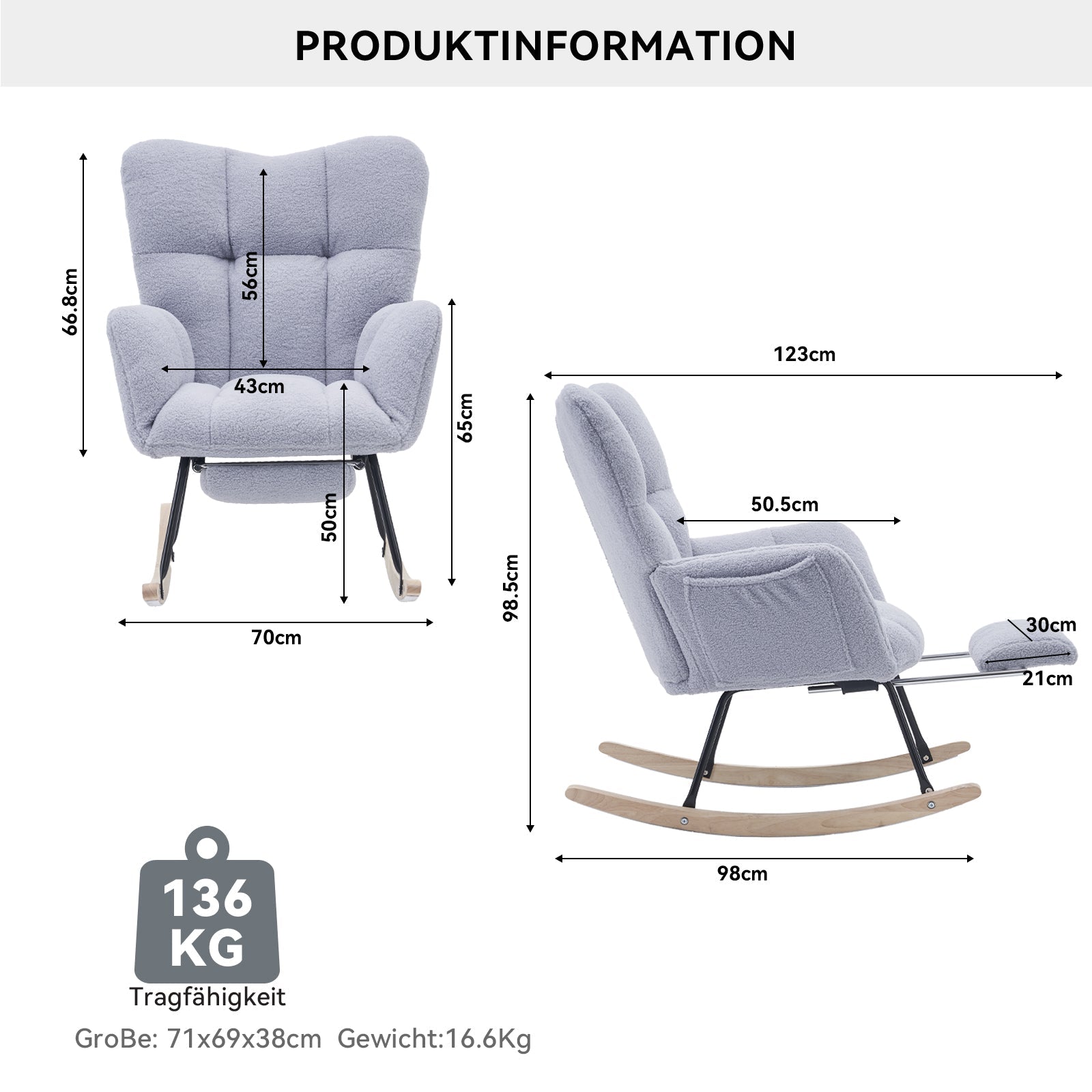009B Rocking Chair Modern Extendable Footrest, Teddy Fabric Grey