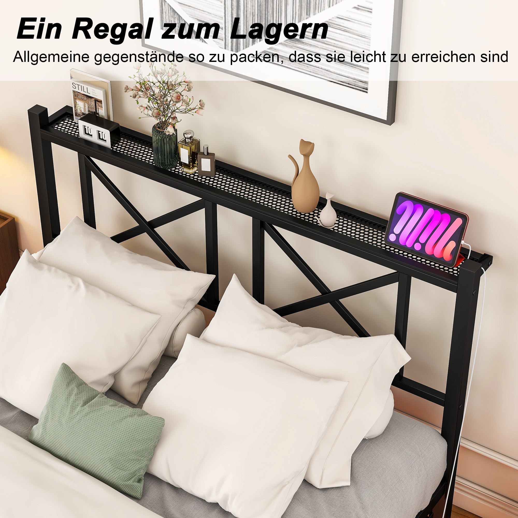Double Bed Frame 120x200cm LED Charging Station Floating Design - Metal