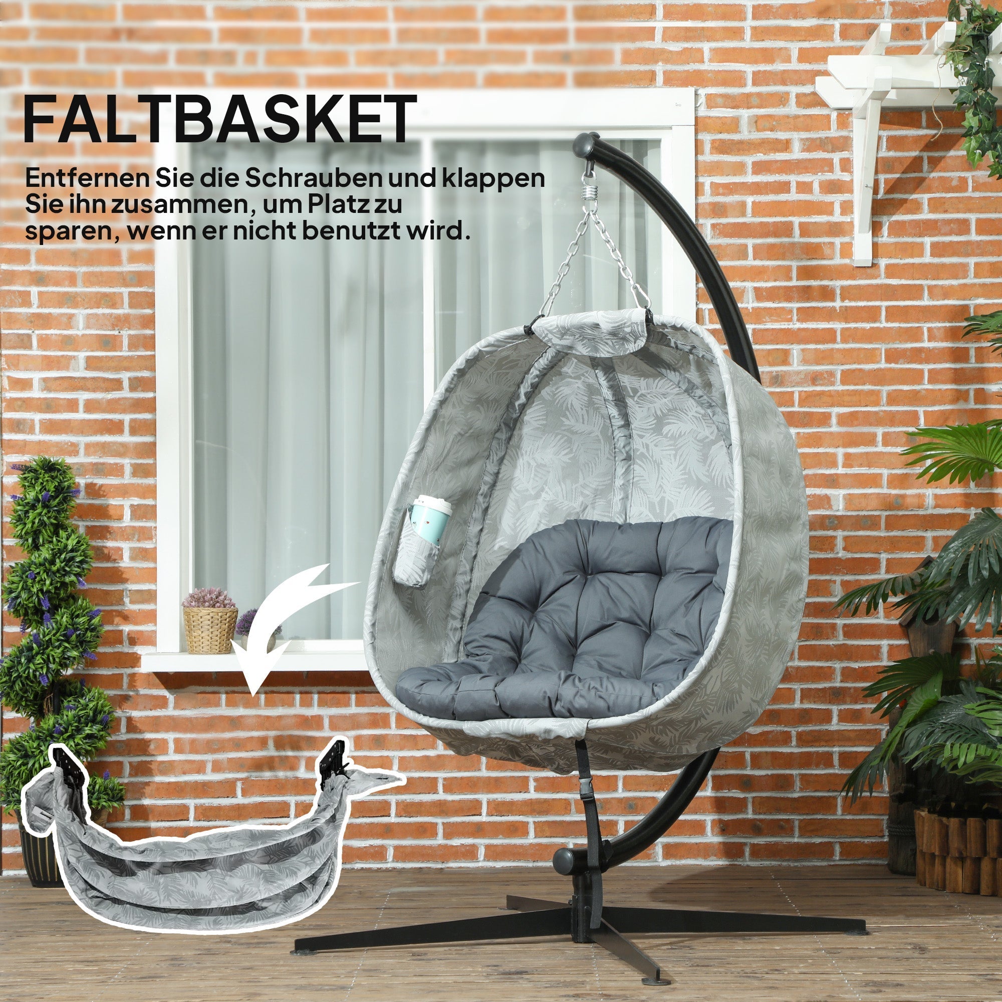 Eiförmiger Outdoor-Hängesessel, klappbare Schaukel-Hängematte mit Ständer, Grau