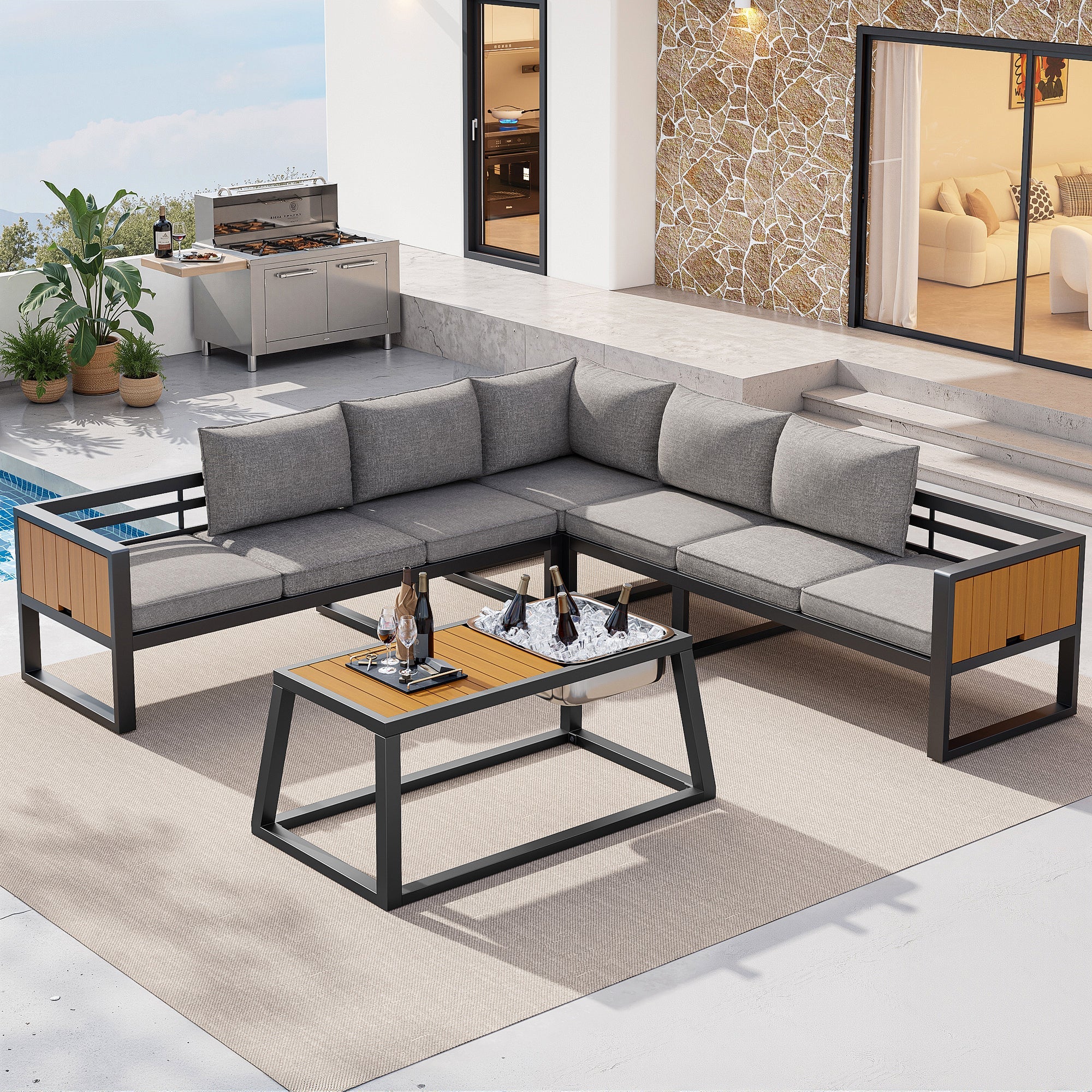 Modular Outdoor Sofa Set with Adjustable Backrest and Metal Ice Bucket, Grey/Beige