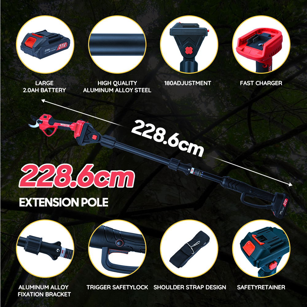 Electric Pruning Shears 3000 lbs, 3 Modes (15/20/25 mm), 228.6 cm Telescopic Pole, 2x2000mAh Battery, 300W Motor