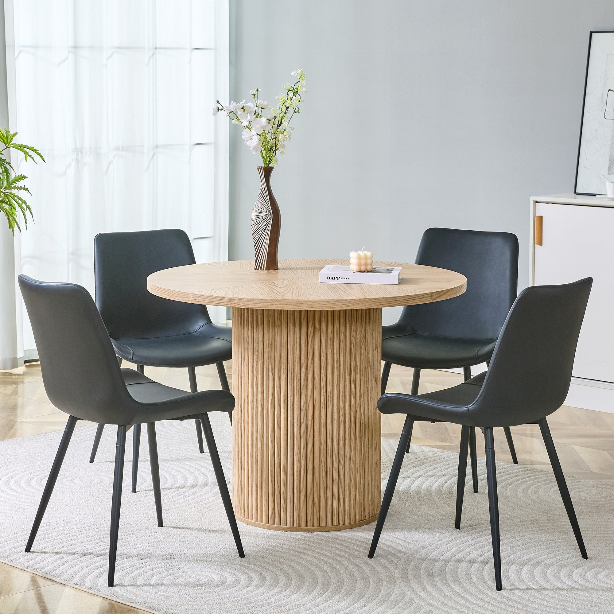 Round Dining Set 100cm MDF Table 4 Chairs - Light Wood Look/Black Faux Leather