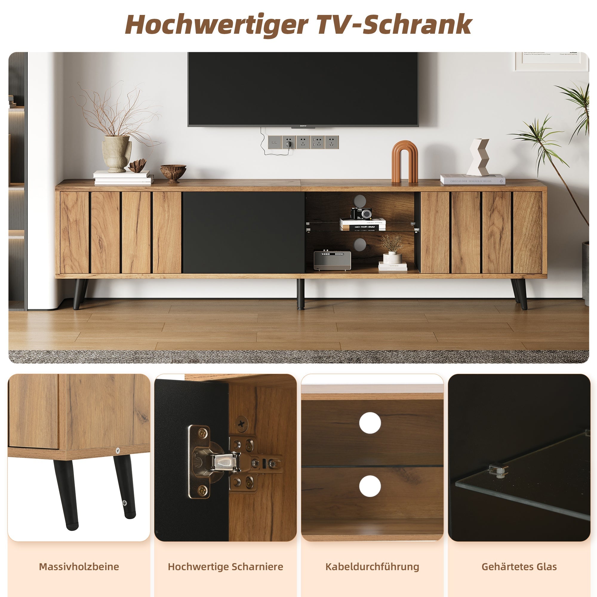 Lowboard TV Cabinet 175x31.5x45cm for 75-inch TVs with 3 Cabinets Wood Black