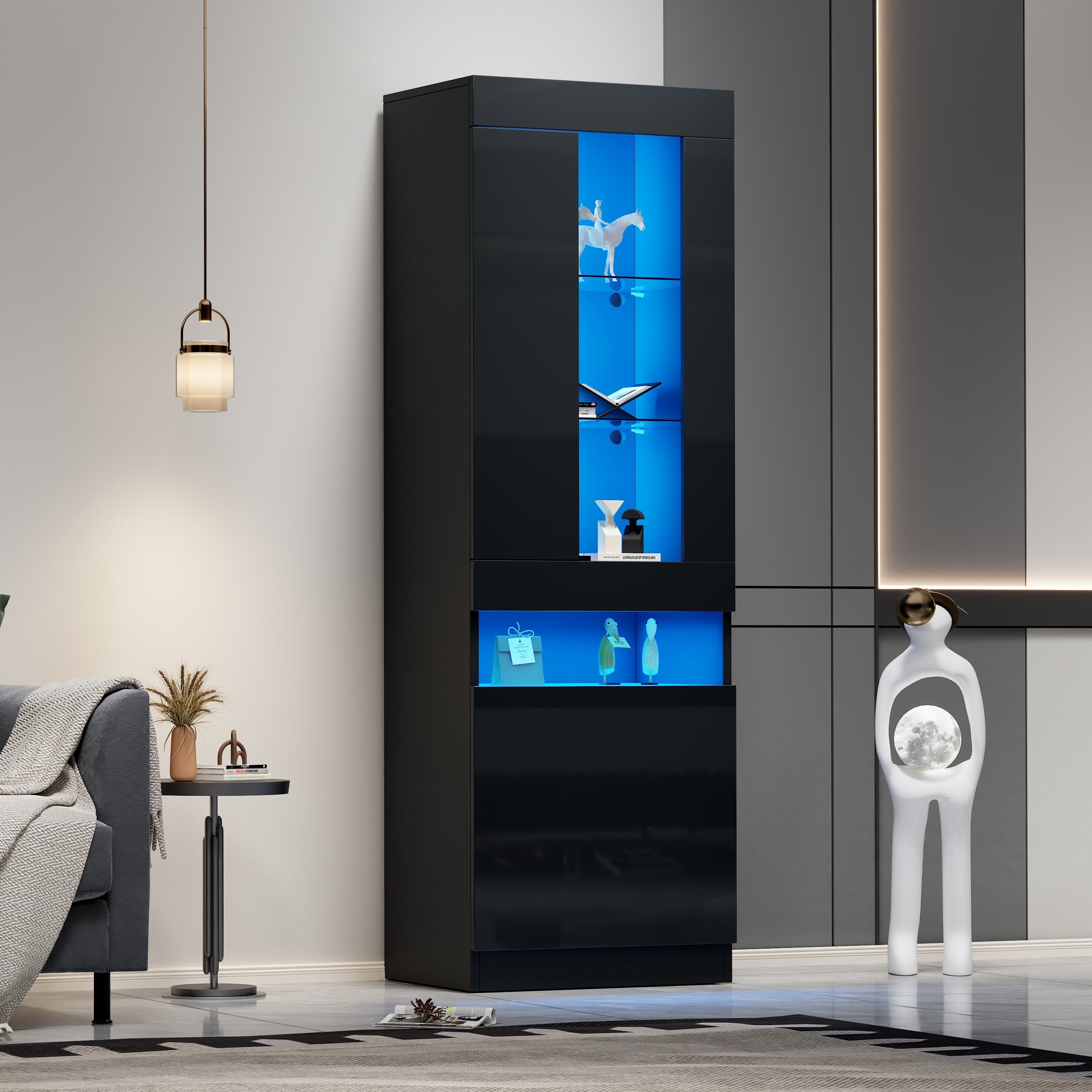 Display Cabinet LED Freestanding Storage - Black