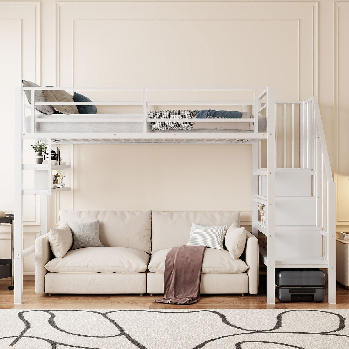 Loft Bed 90x200cm Storage Ladder Shelves - White