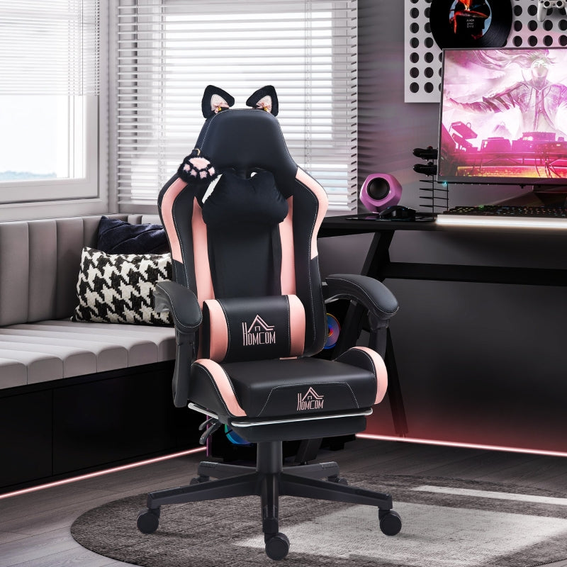 Cat Ear and Paw Office Chair Reclining with Footrest, Black/Pink