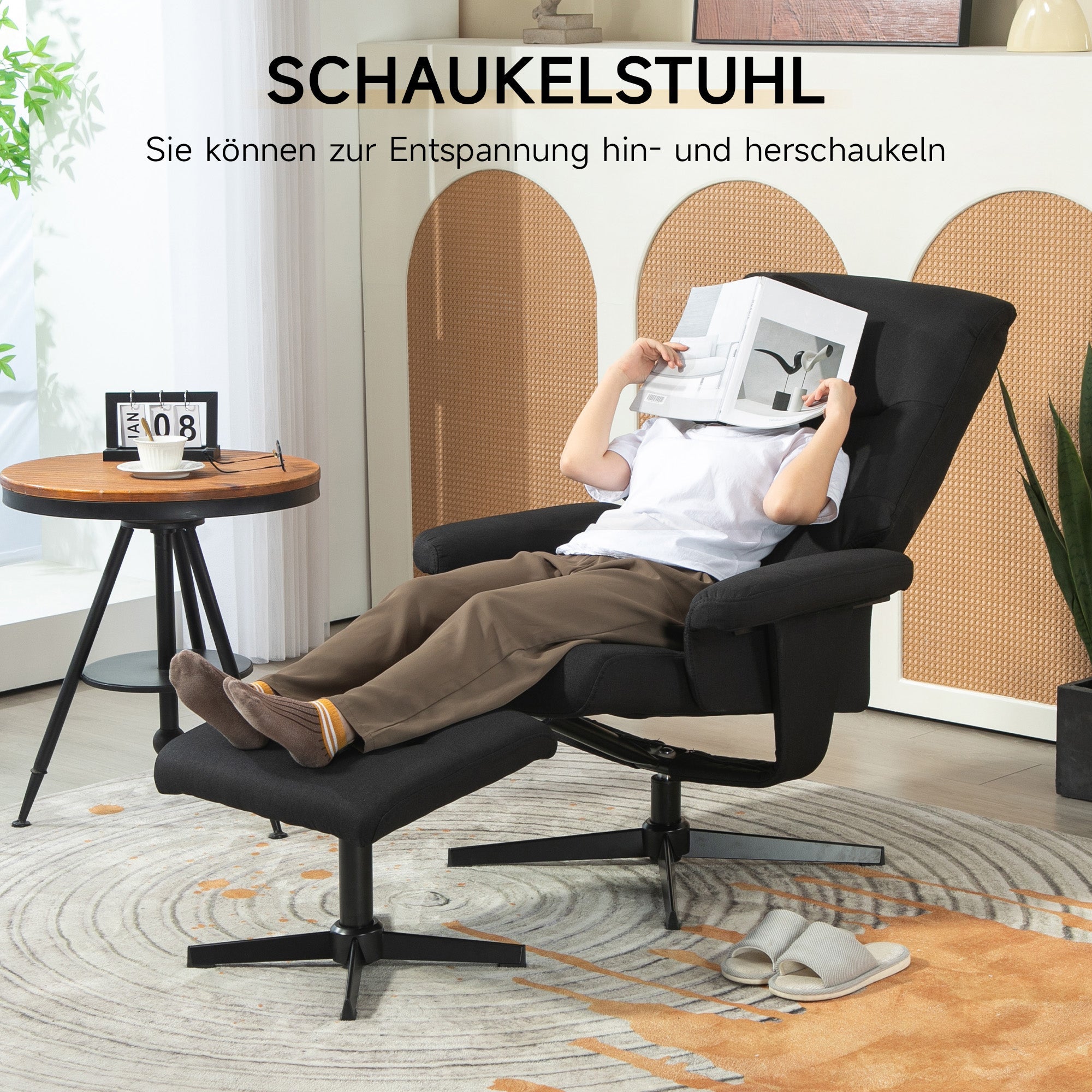 Reclining Armchair with Footstool, Swivel & Rocking Function, Velvet Look, Black