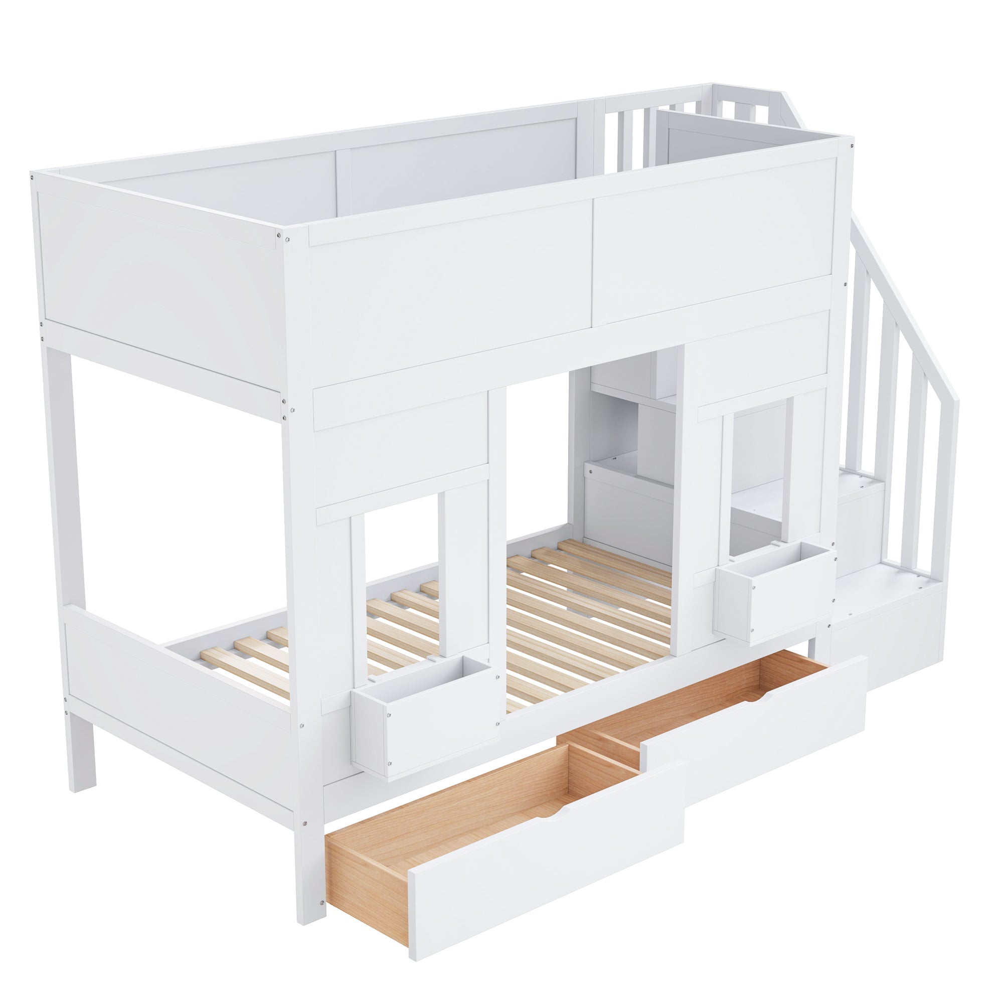 Bunk Bed with Storage Stairs, Drawers and Windows, 90x200cm, Wood