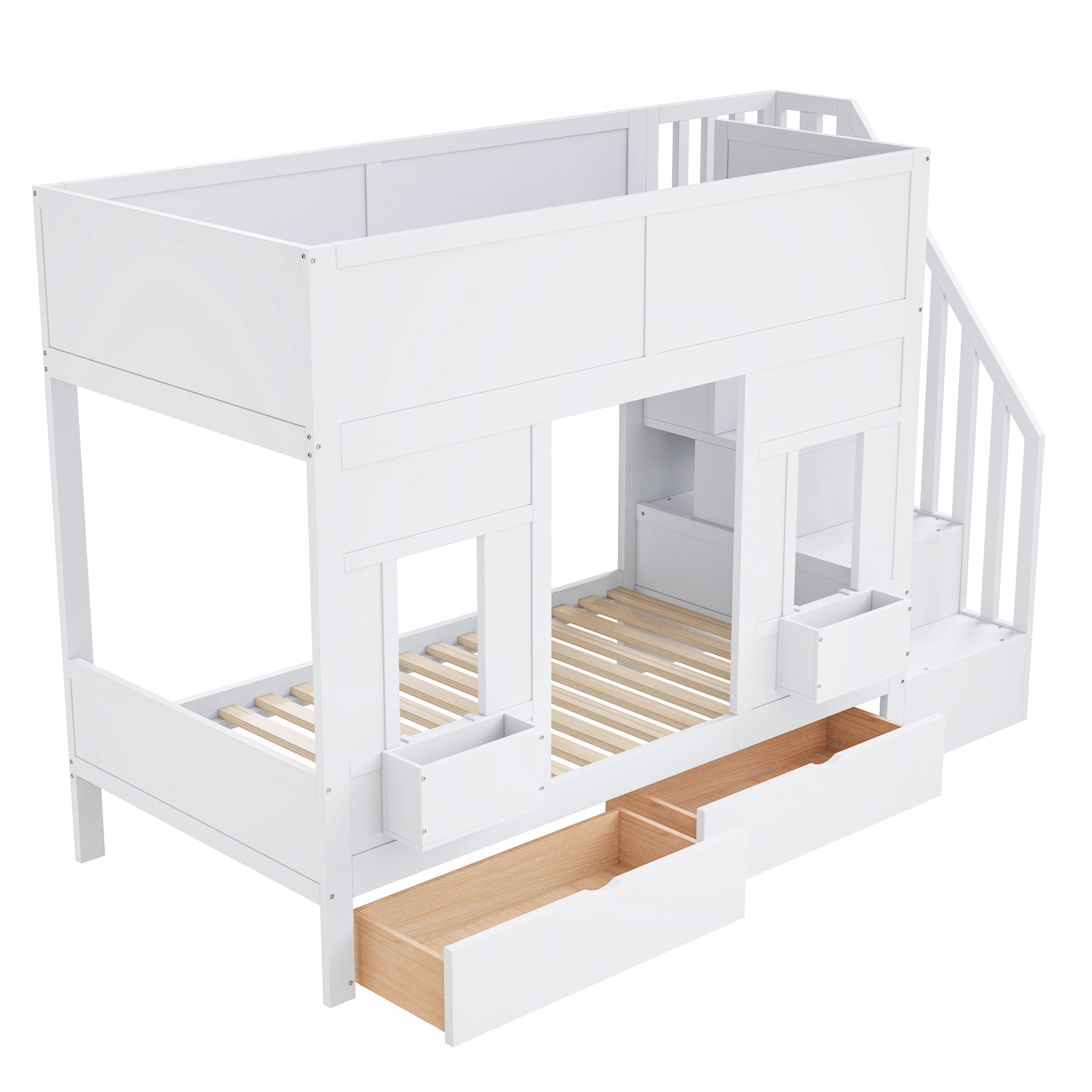 Bunk Bed with Storage Stairs, Drawers and Windows, 90x200cm, Wood