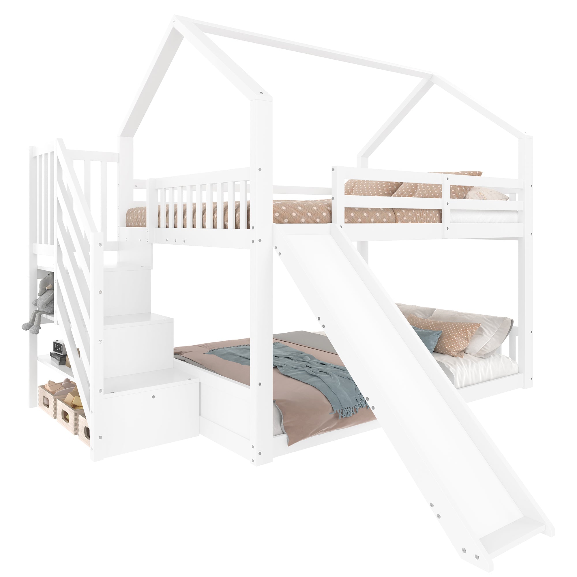 Bunk Bed with Storage Stairs and Slide, 140x200cm, White