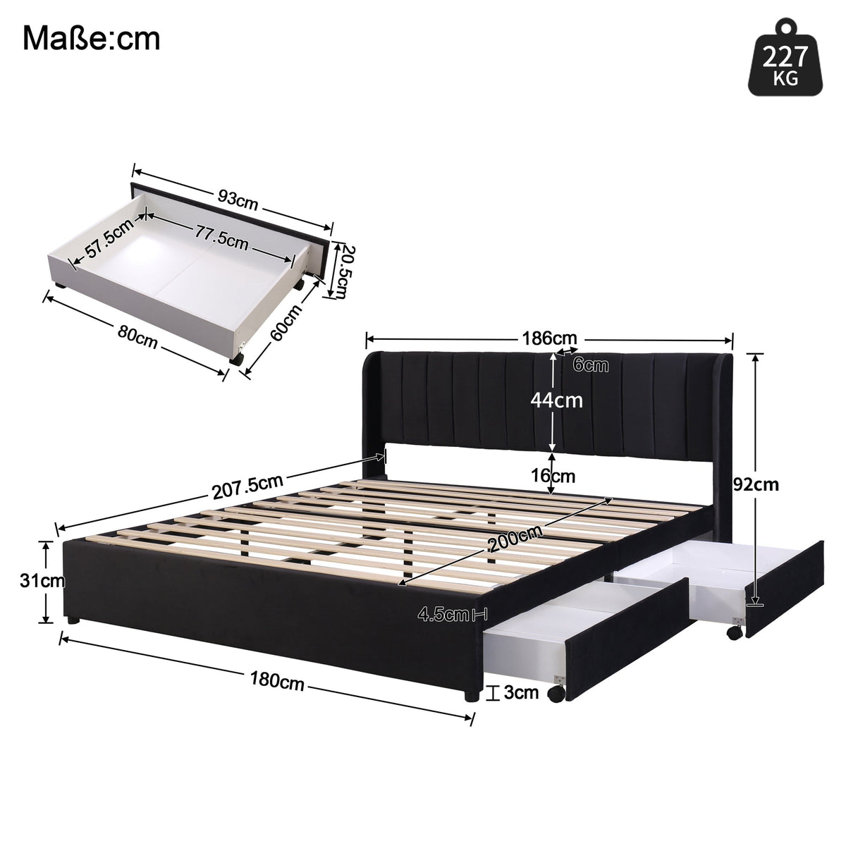 Upholstered Bed 180x200cm Slatted Base Headboard 2 Drawers, Black Velvet