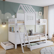 Bunk Bed, Roof & Window with Drawers, Reading Table, Storage Basket, Pine + MDF + Plywood, White