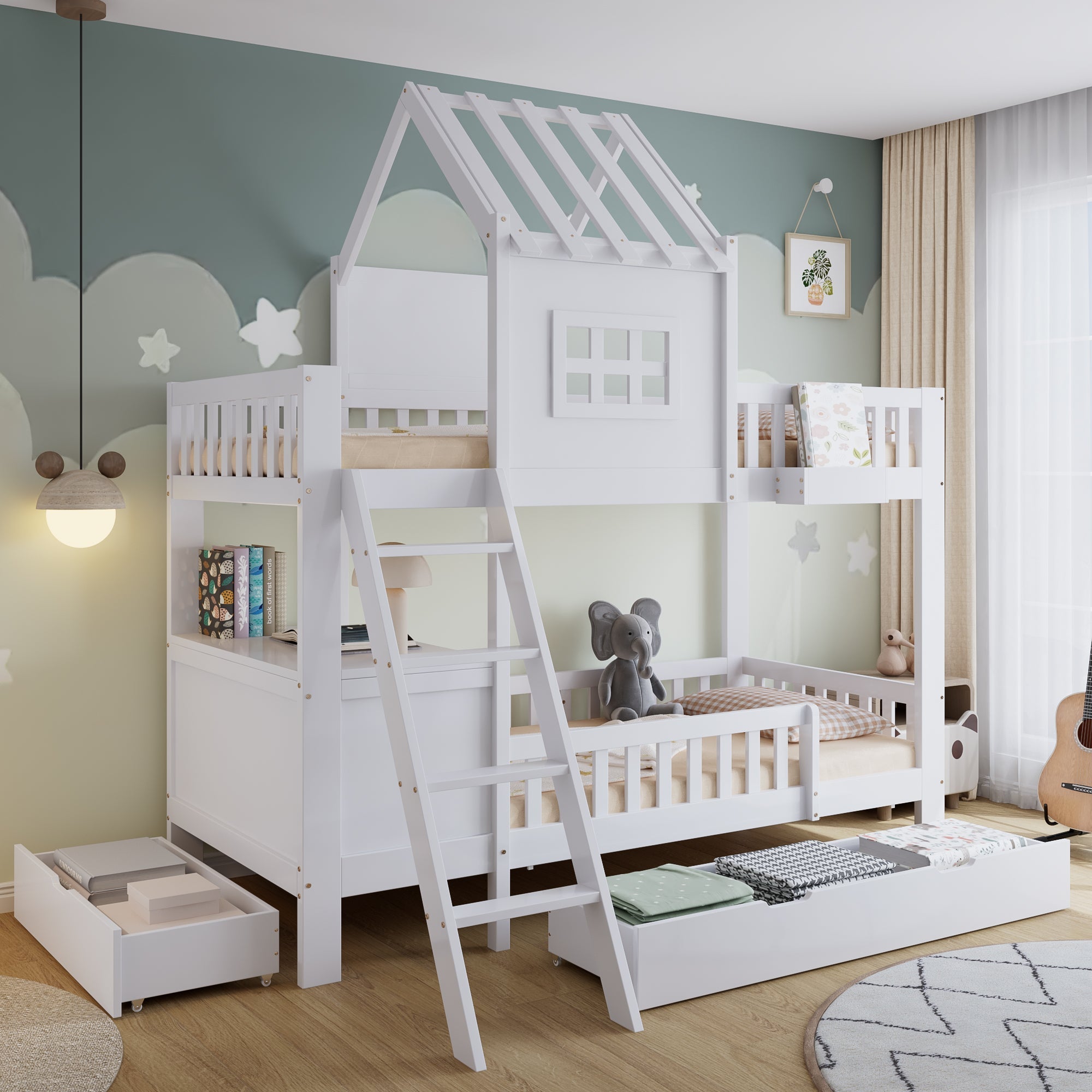 Bunk Bed, Roof & Window with Drawers, Reading Table, Storage Basket, Pine + MDF + Plywood, White