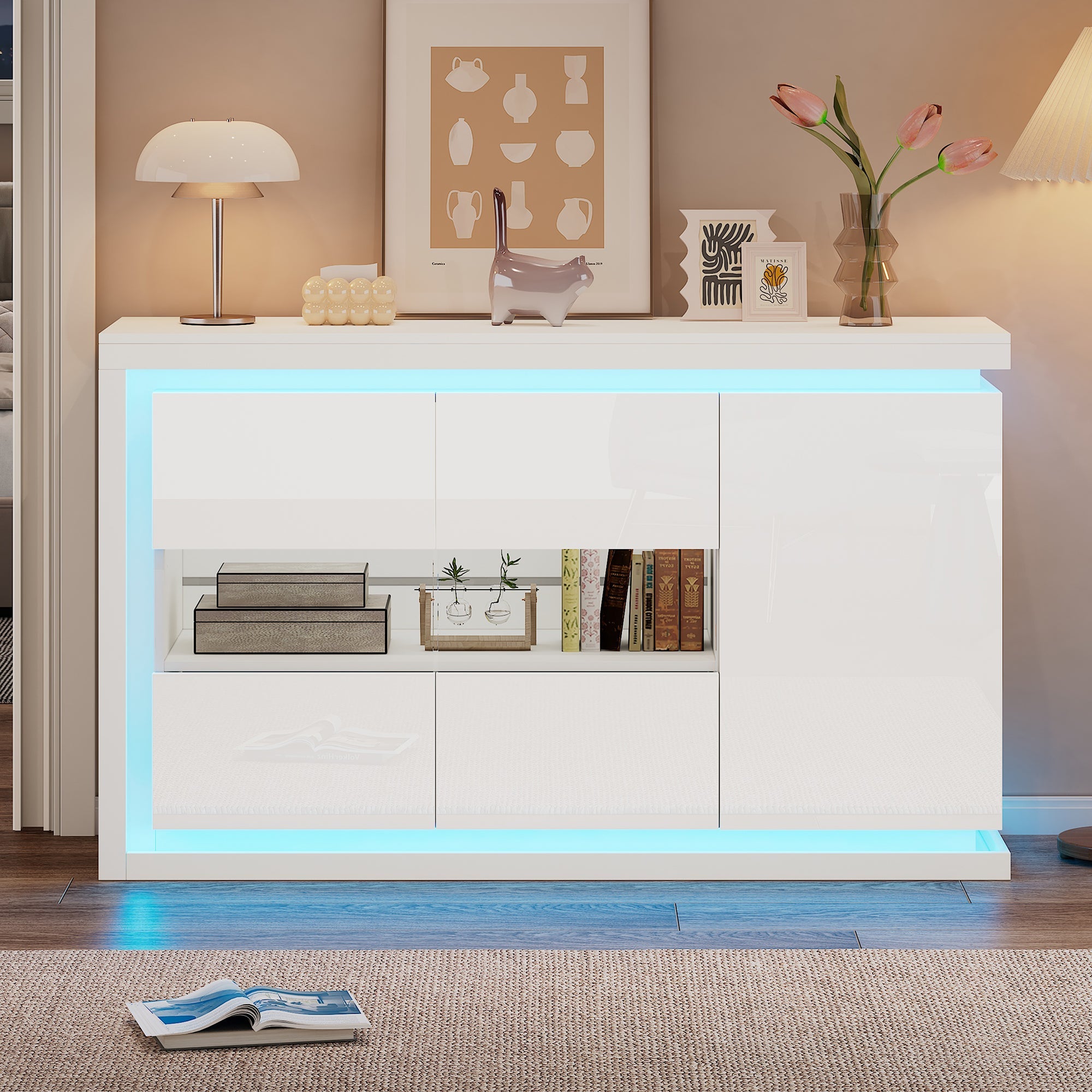 Living Room Cabinet, 140cm, 4 Compartments, High-Gloss, LED, Tempered Glass Doors