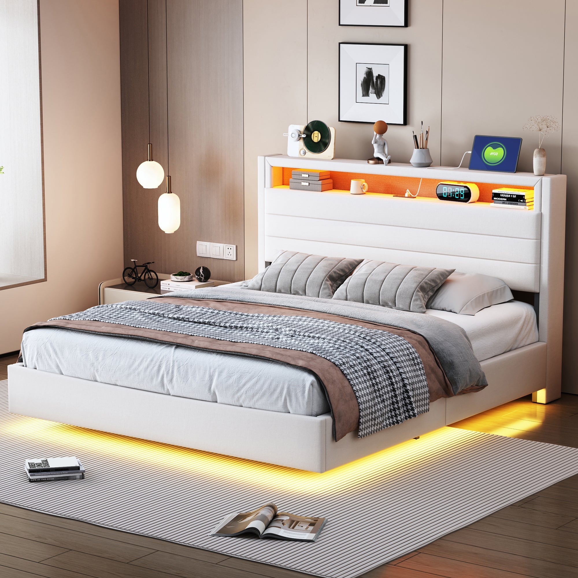 Upholstered Bed 140x200 cm with Hydraulic Storage, USB & LED Light, Reversible Headboard, Linen Beige