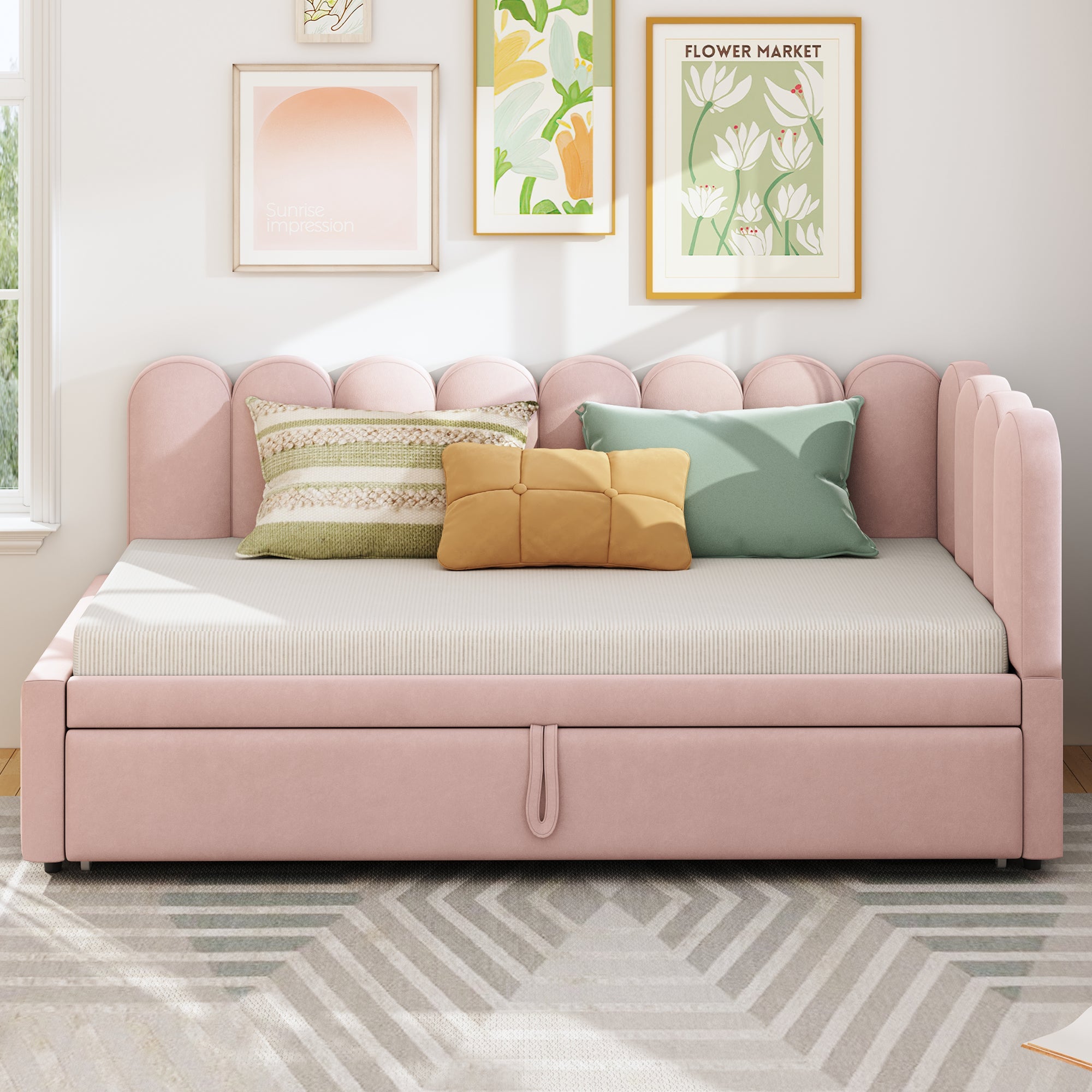 2-in-1 L-Shaped Sleeper Sofa 90/180 x 200 cm Space-Saving Upholstered Velvet Pink