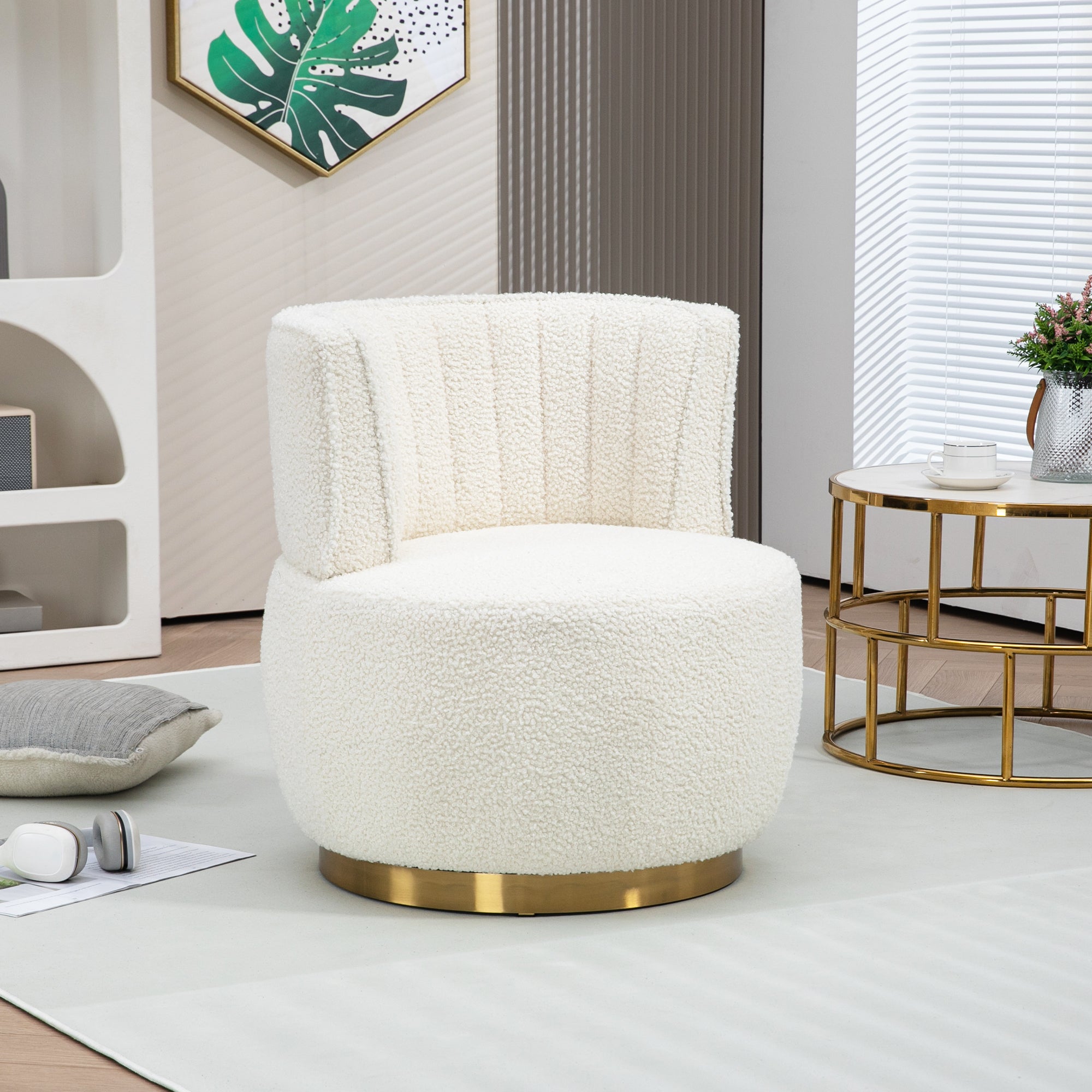 Modern Swivel Chair 360-Degree Comfortable Backrest Teddy Velvet White