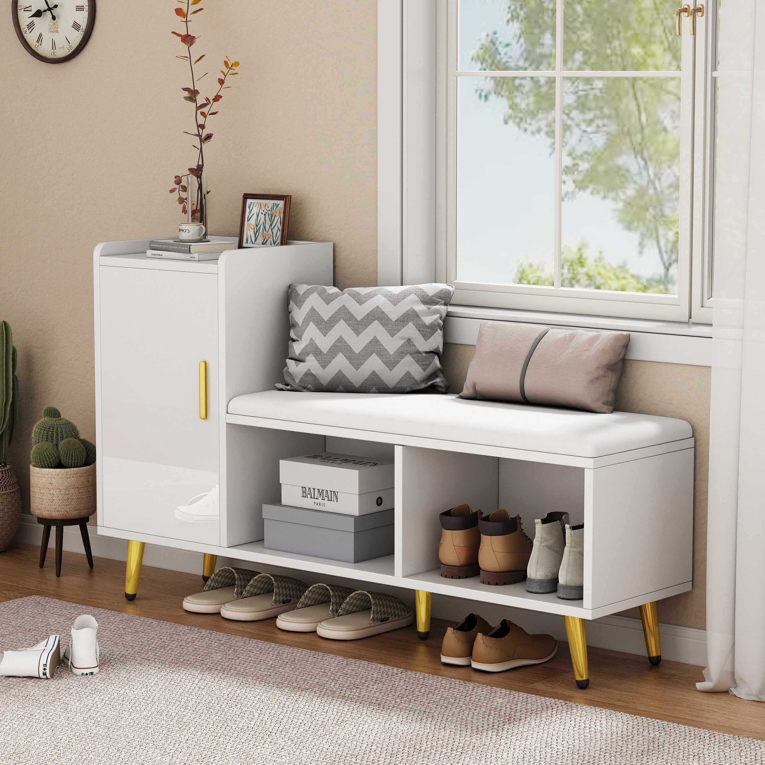 Shoe Cabinet, Multi-Tiered Storage with Upholstered Seat and Gold Accessories, White High Gloss