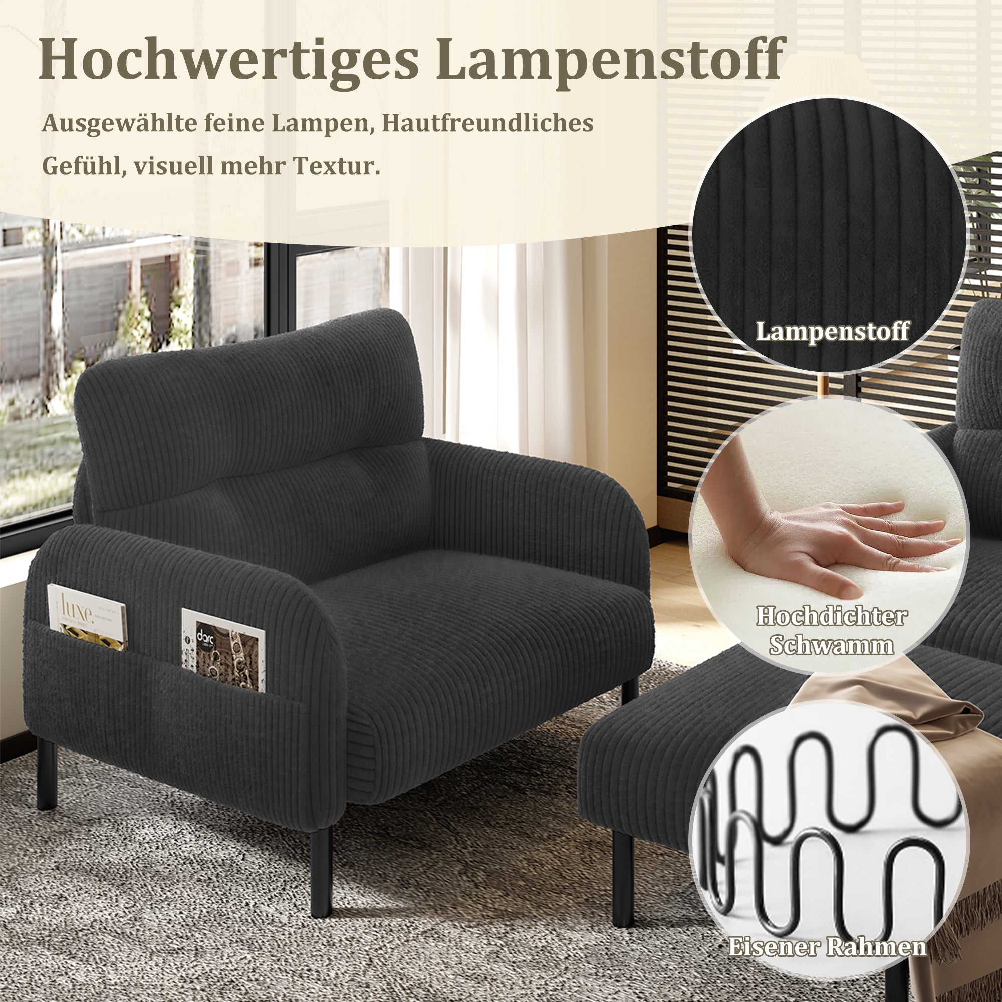 Cord Sofa Set, Modular 3-Piece Deep Seat Side Pocket, Grey Fabric