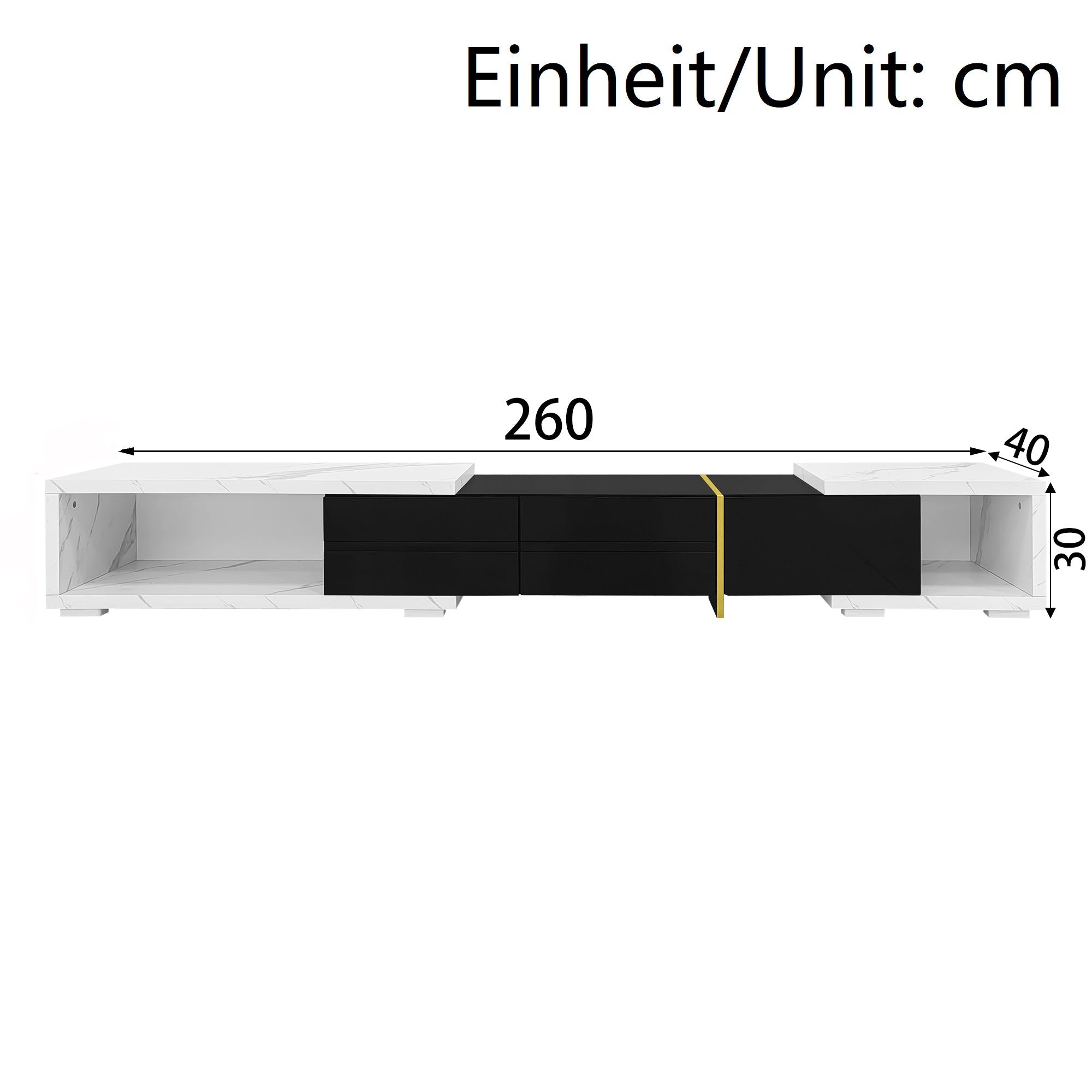 Modern TV Cabinet, Variable Length (140-260 cm) with Rotating Function, White Marble Look & Black High-Gloss Finish