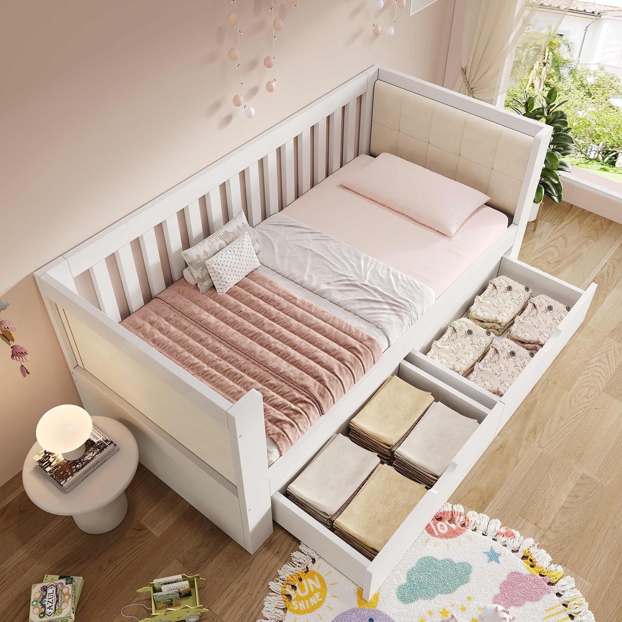 Sofa Bed with 2 Drawers and Rounded Armrests, 90x200cm, White Wood