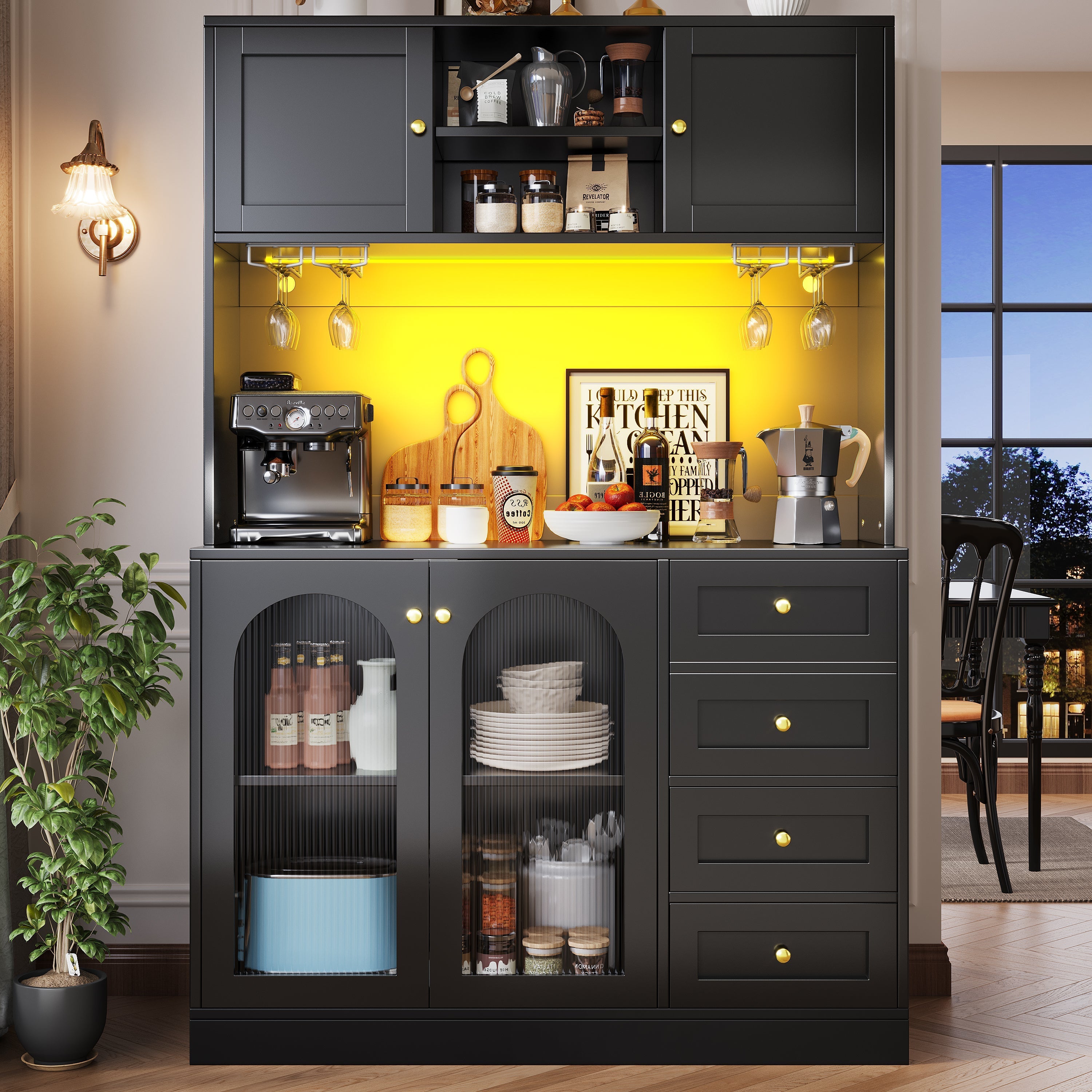 Sideboard Buffet Cabinet with 4 Doors, LED Light and Drink Holders, Black and White