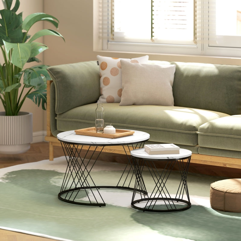 Coffee Tables Set of 2, Nestable Round Living Room, White Marble Look