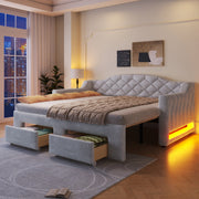 Upholstered Daybed with Two Drawers and LED Lighting, 90x200 to 180x200cm, Grey