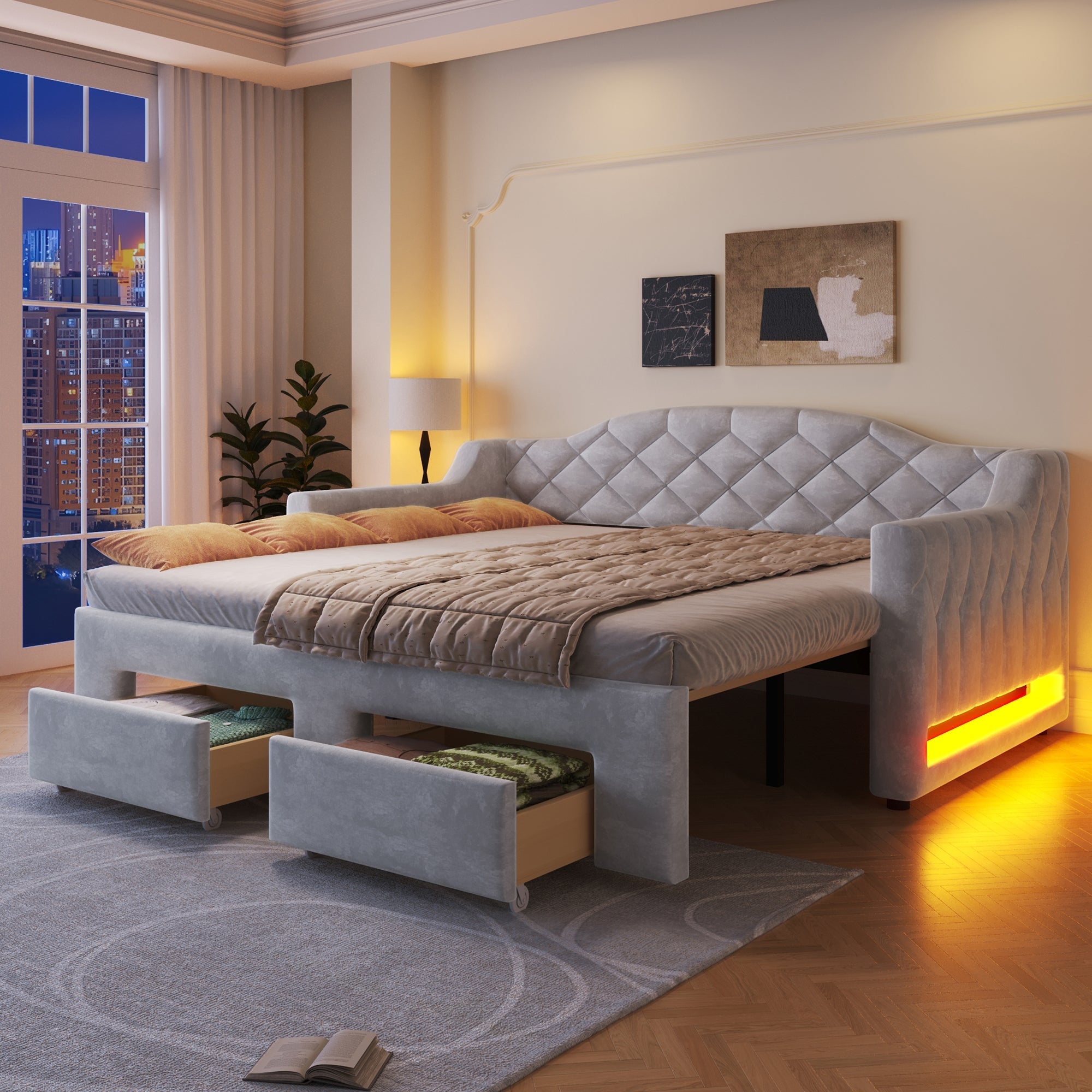 Upholstered Daybed with Two Drawers and LED Lighting, 90x200 to 180x200cm, Grey
