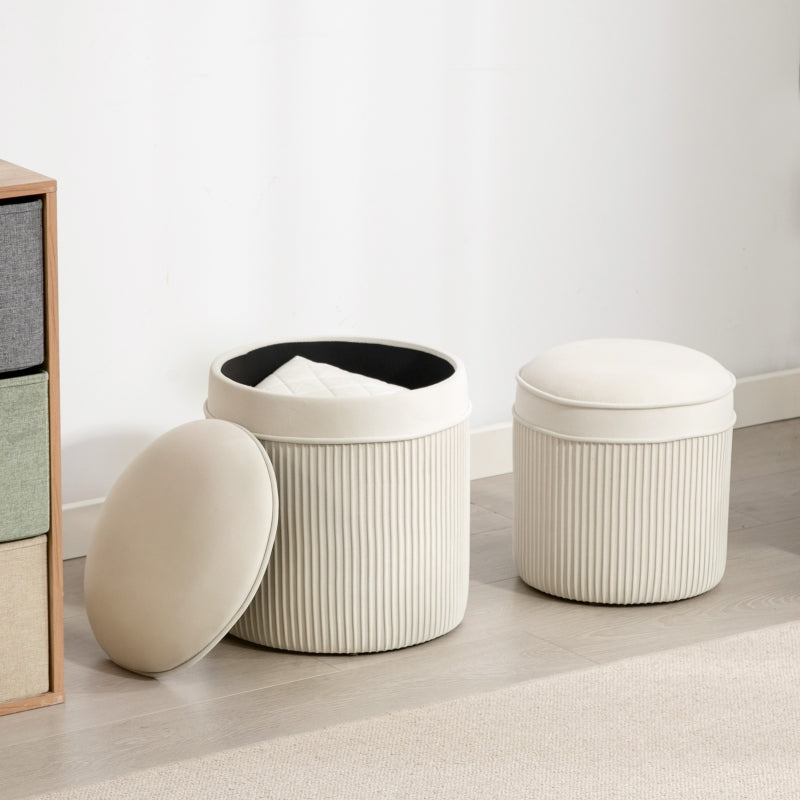 Set of 2 Ottomans with Lids Round Storage Velvet Look - Cream White