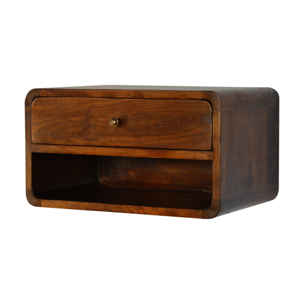 Solid Wood Chestnut Curve Floating Bedside, 1 Drawer and Open Shelf, Dark Brown