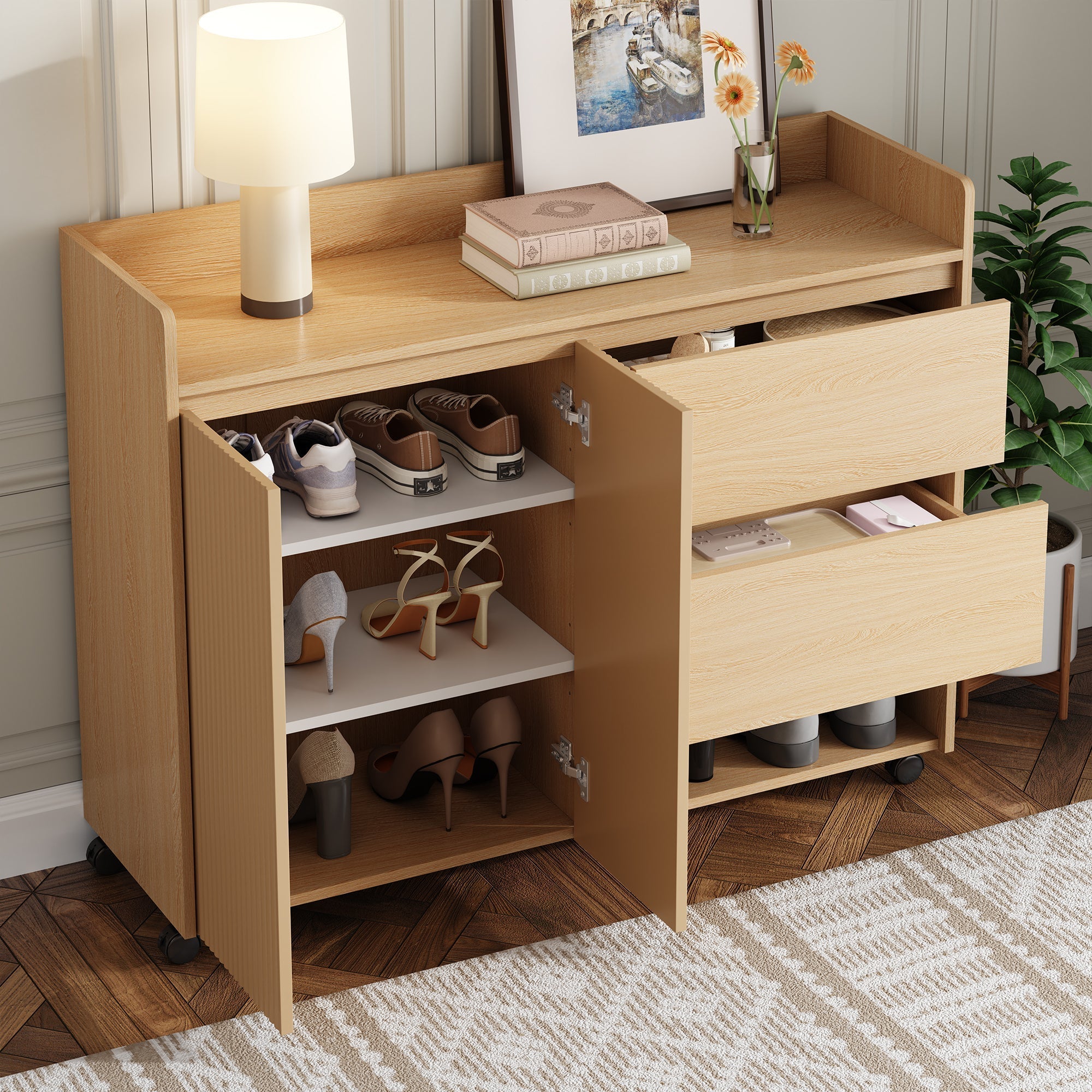 Shoe Cabinet, Movable with Adjustable Shelves, Soft-Closing Hinge, Natural MDF
