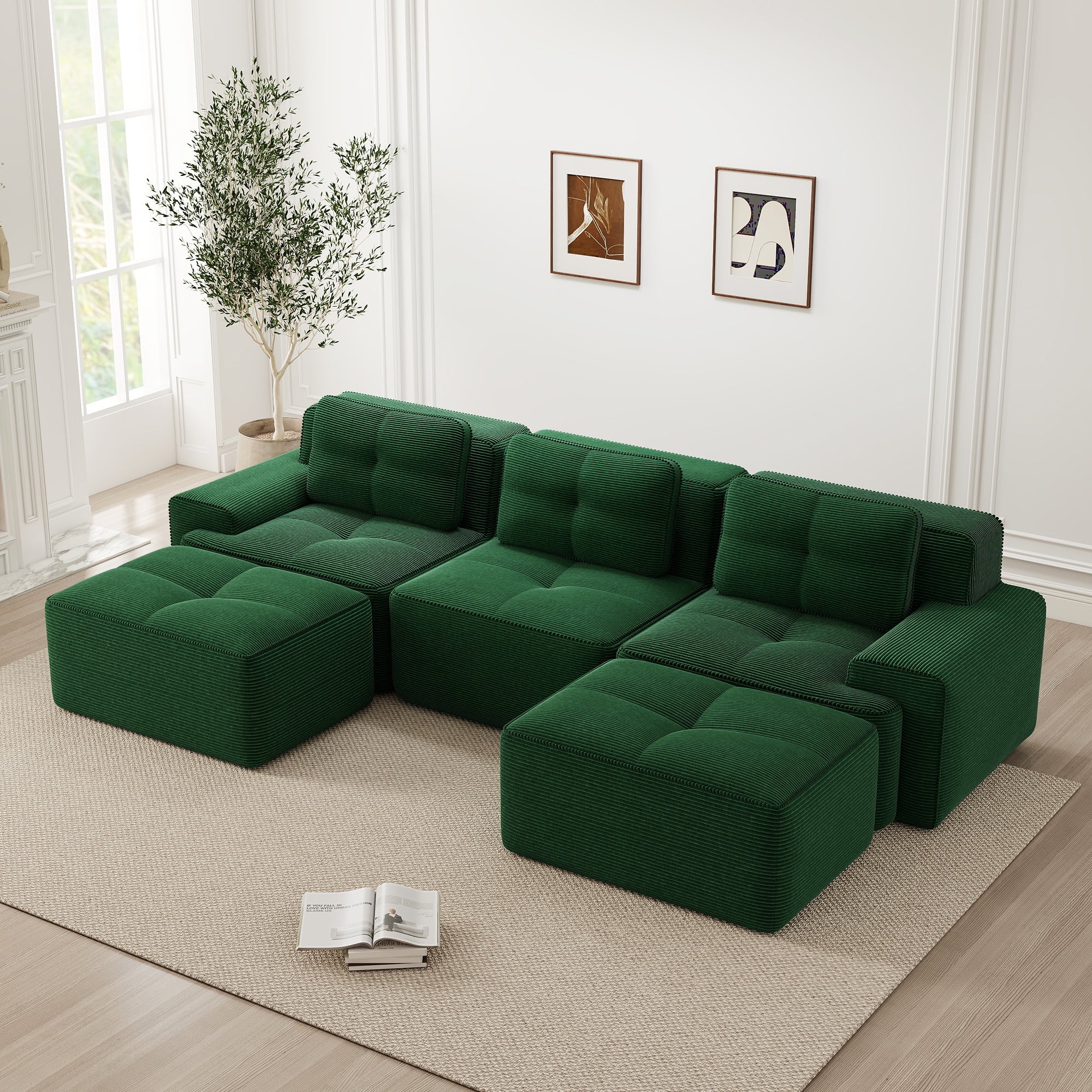 Cloud Sofa Modular U-shaped 3-Seater Ottoman - Corduroy Green