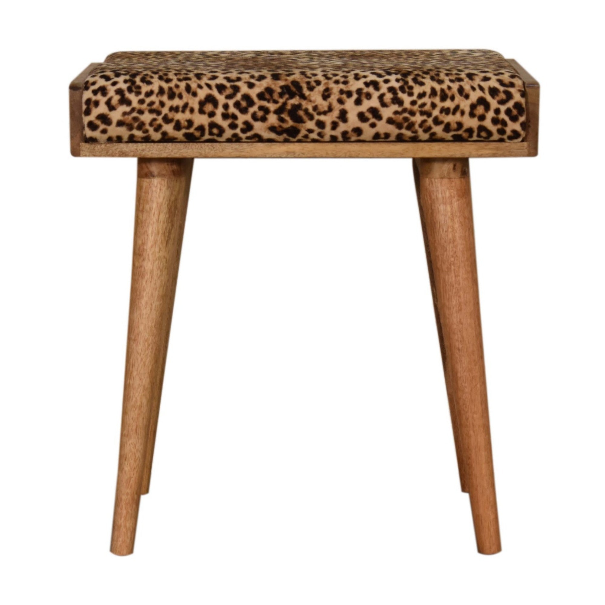 Solid Wood Footstool, Tray Style Upholstered Leopard Velvet, Light Brown