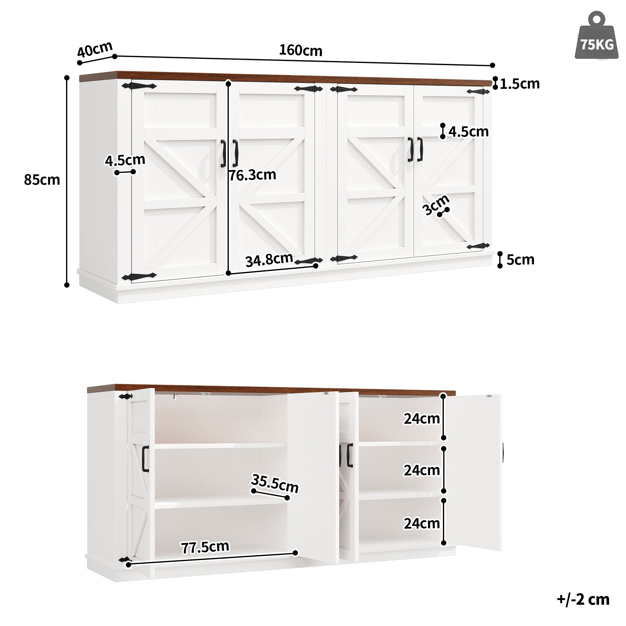 Country Sideboard 4 Doors 160x40x85cm Adjustable Shelves - White