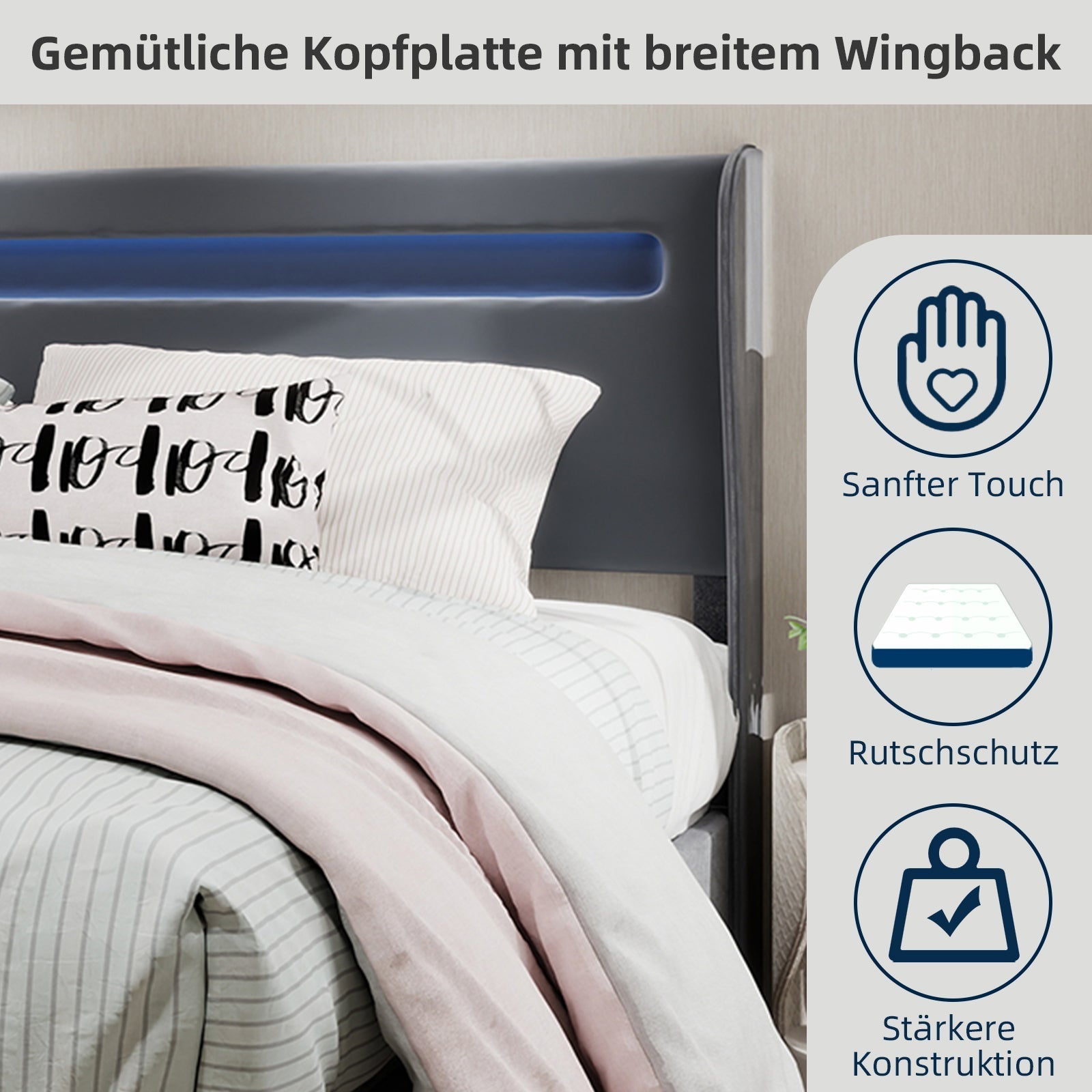 Modern Minimalist Upholstered Bed, Soft LED-Integrated Headboard, Low-Profile Non-Storage, 140x200 cm Grey