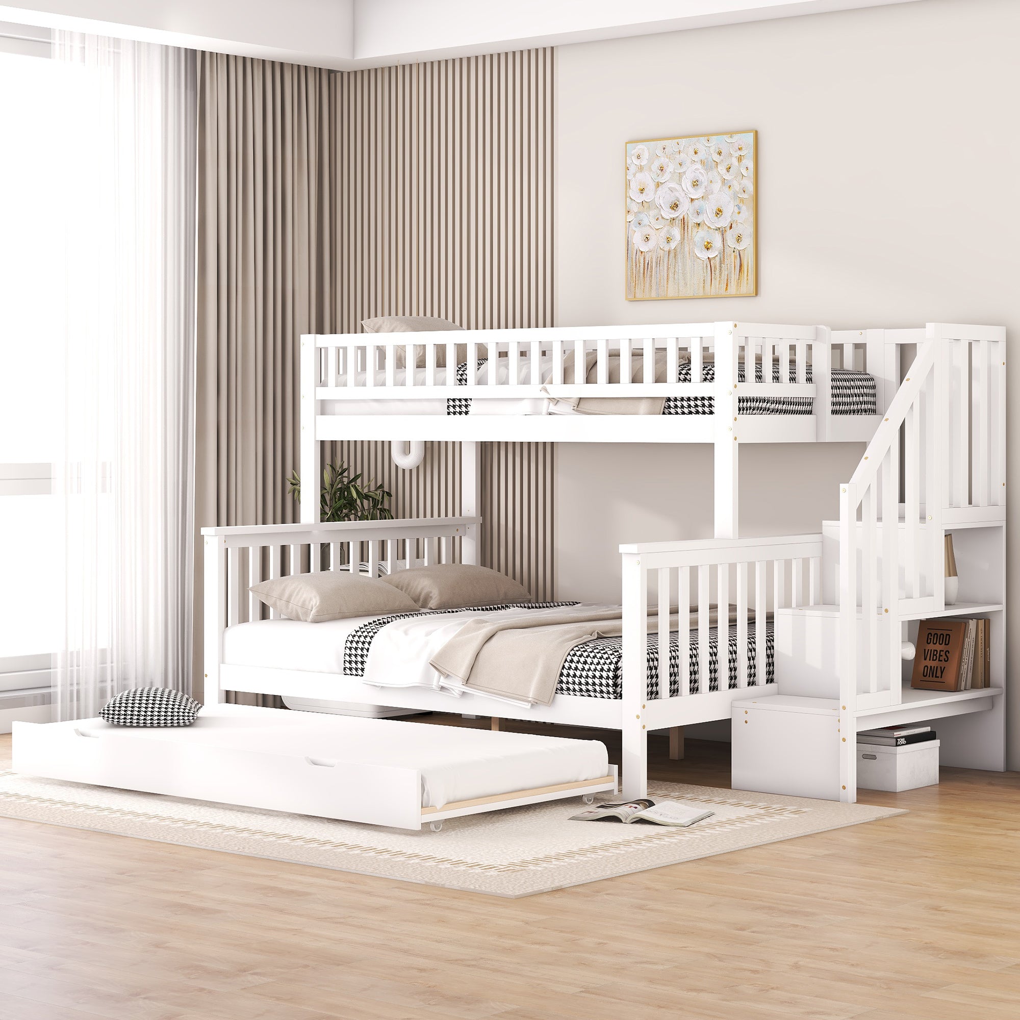 Bunk Bed 90x200cm/140x200cm with Stairs & Rolling Container, Pine Wood White