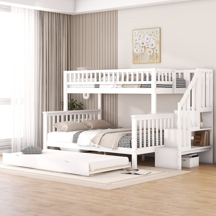 Bunk Bed 90x200cm/140x200cm with Stairs & Rolling Container, Pine Wood White