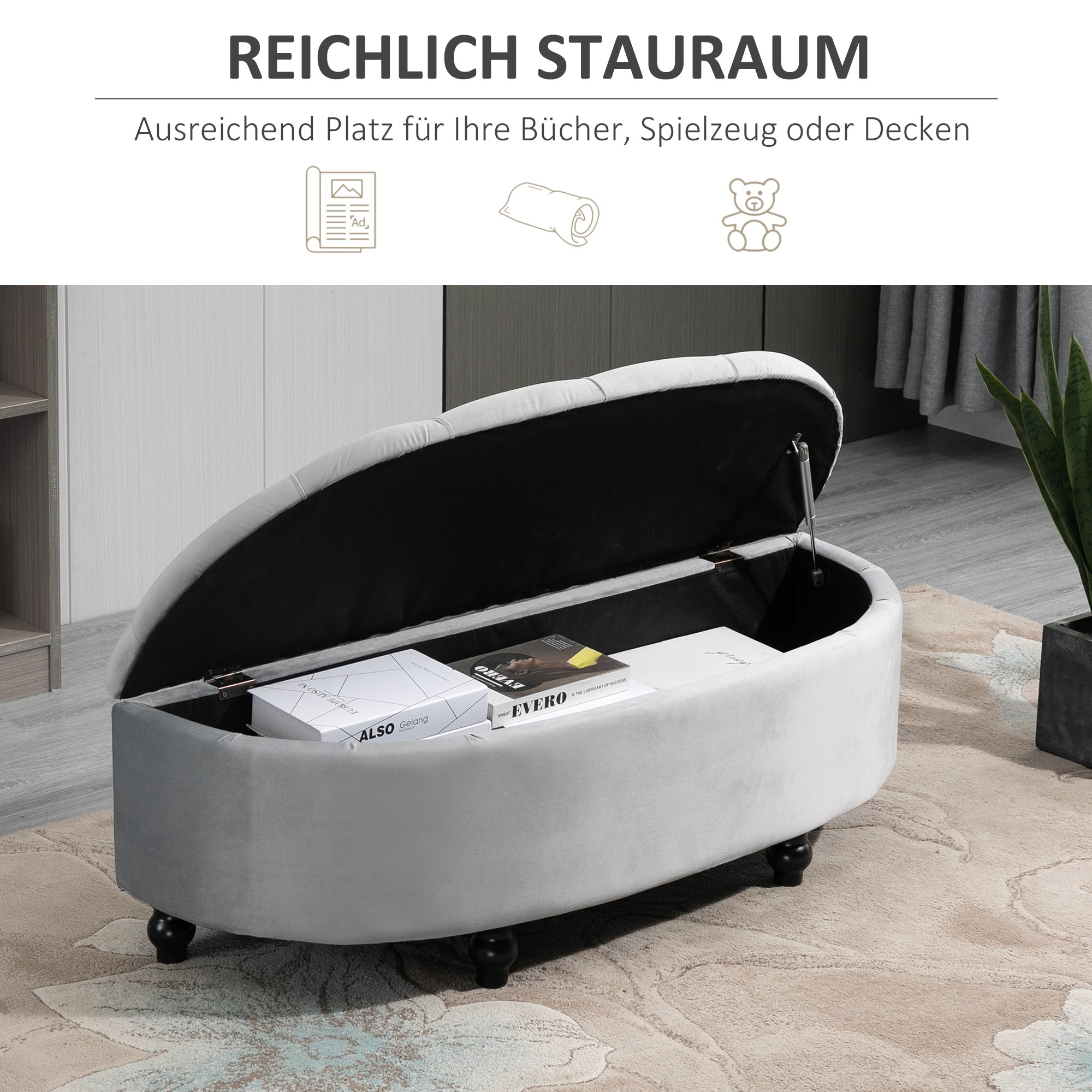 Storage Bench Ottoman Footstool, Velvet-Touch Rubberwood, Grey