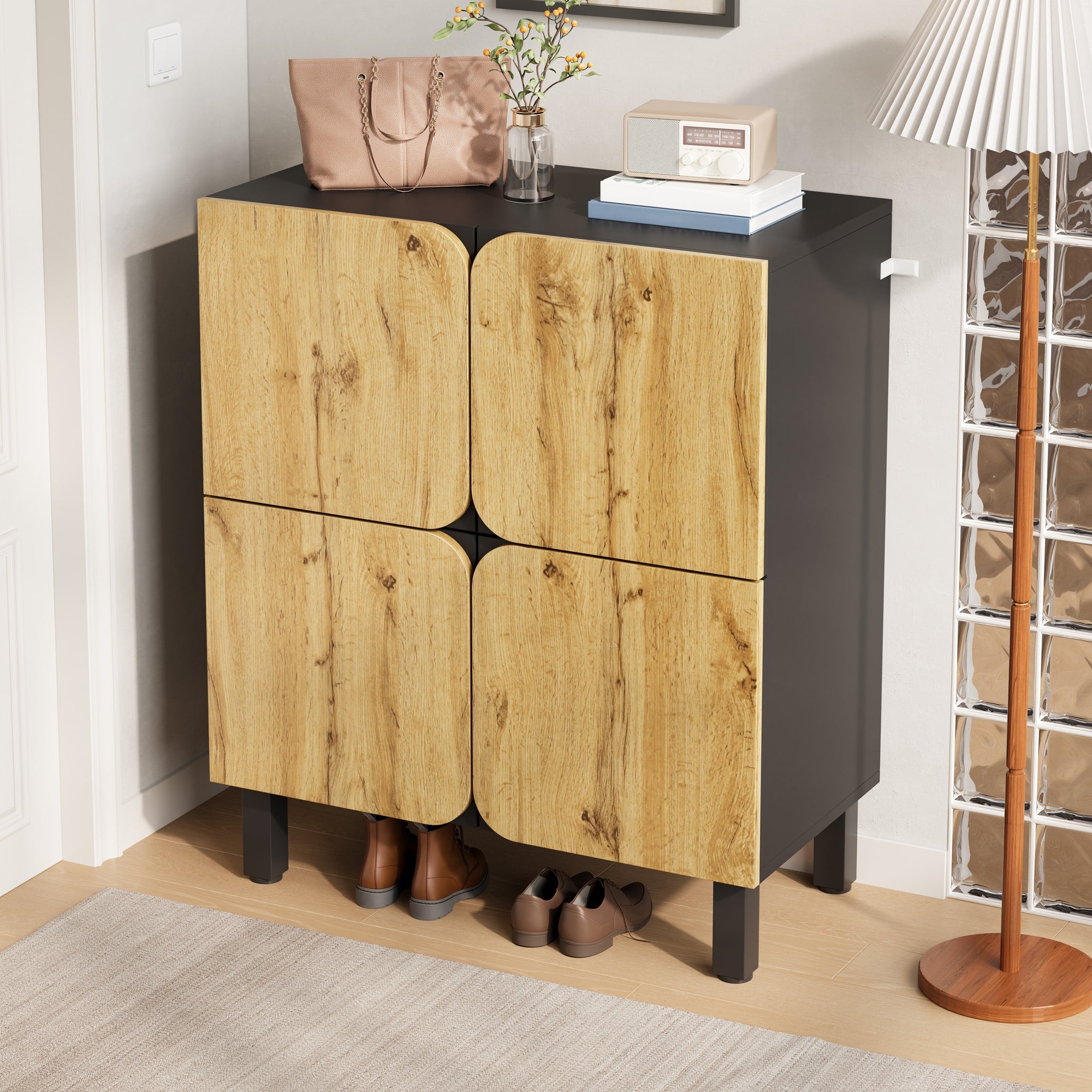 Shoe Cabinet 4 Doors Adjustable Shelves Curved Doors Black