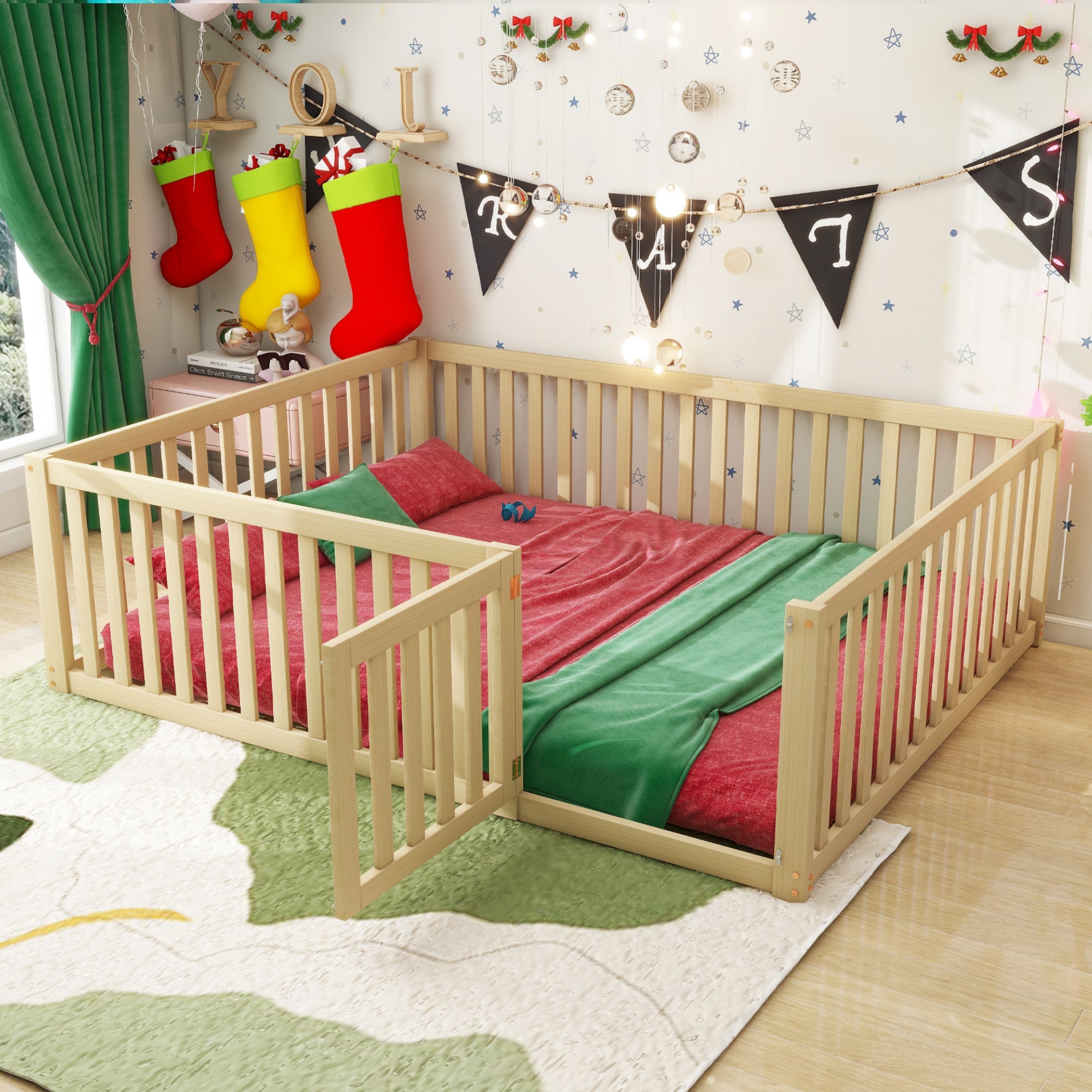 Children's bed 140x200 wooden floor bed frame with fence and door, wood color