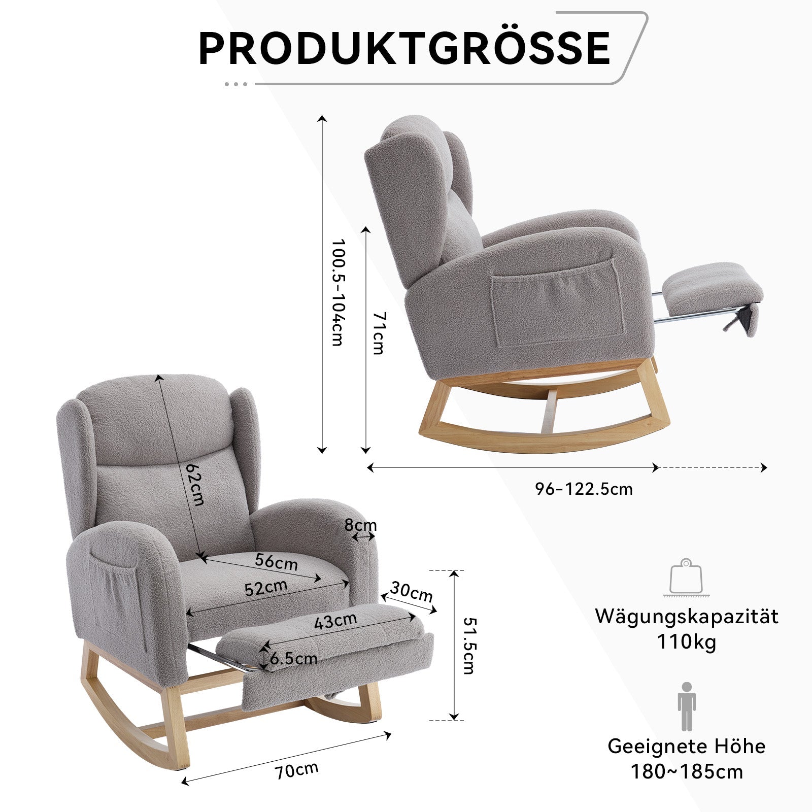 049B Rocking Chair, Nursing Lounge Chair with Adjustable Footrest, High Back, Teddy Fabric, Gray