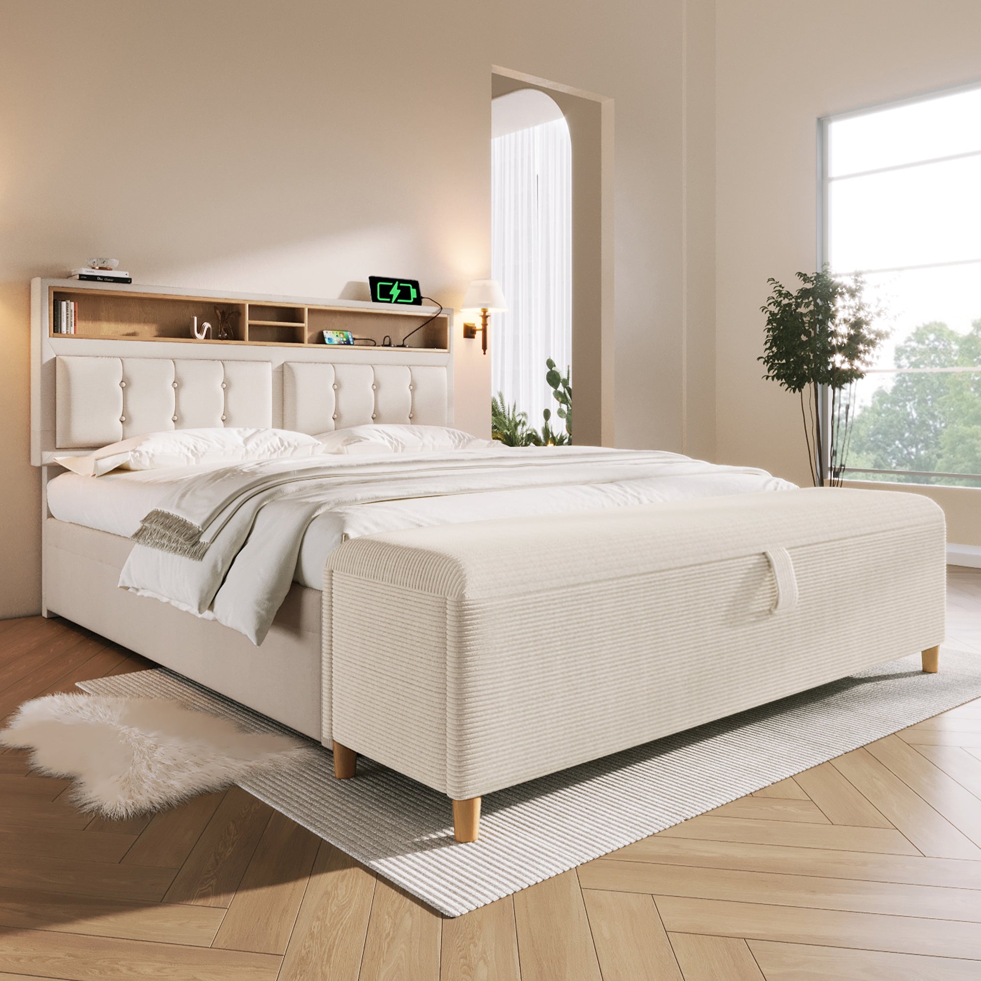Upholstered Bed 140x200 Storage, USB Charging, Bed Bench - Linen Look