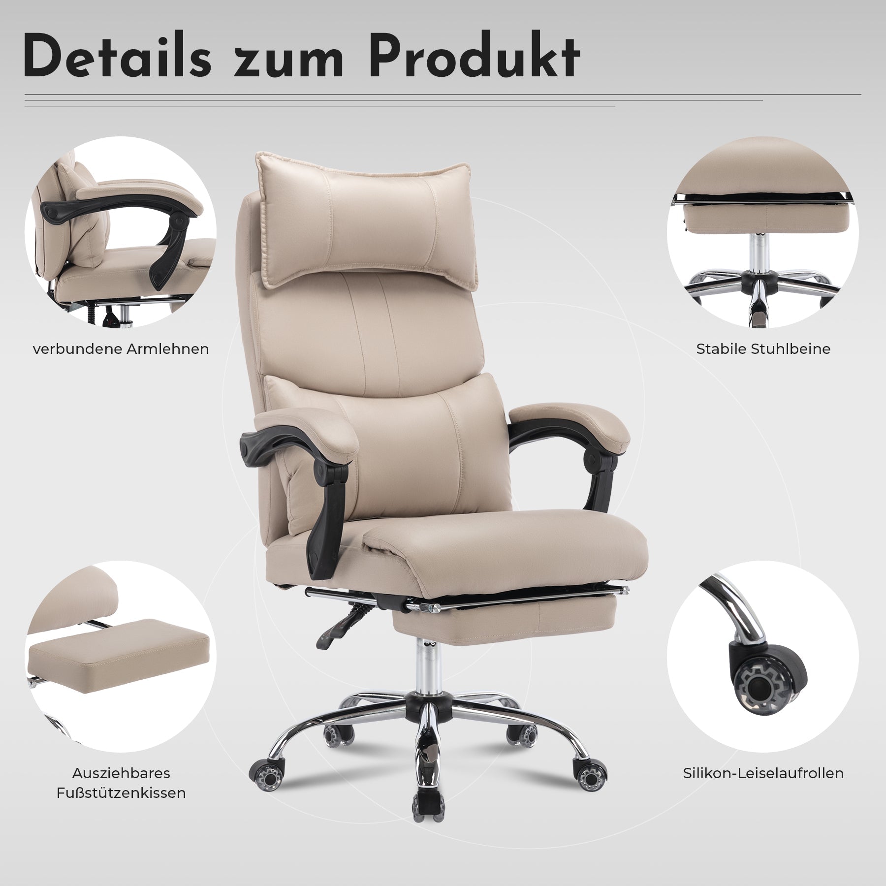 Ergonomic Executive Office Chair - Height Adjustable Swivel Double Lumbar Support - Beige PU Leather