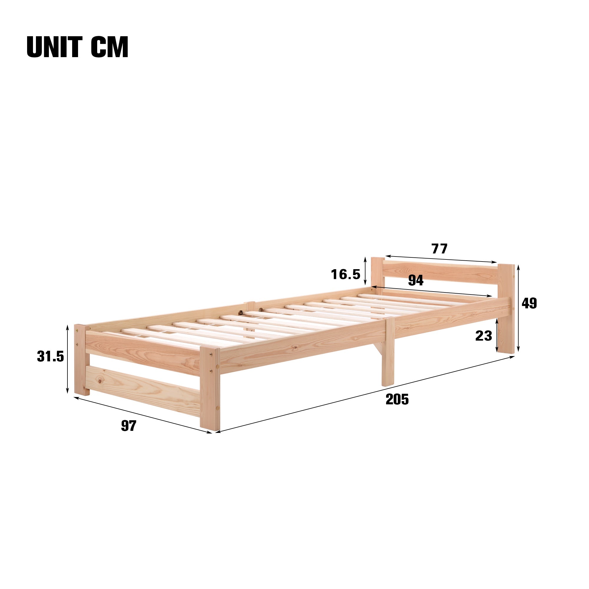 Solid Wood Futon Bed with Headboard and Slatted Base, Natural (200x90cm)
